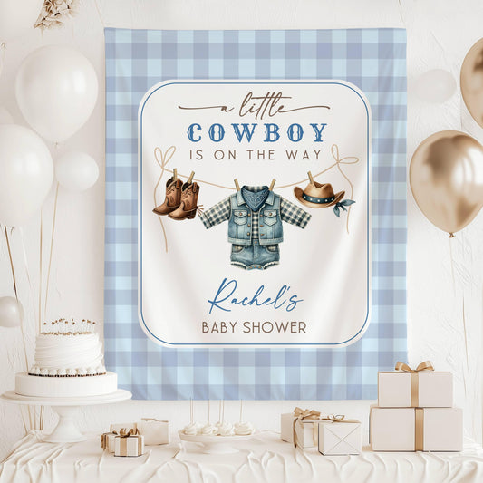 Little Cowboy Baby Shower Backdrop Blue Cowboy Baby Shower Banner Little Cowboy is On The Way Welcome Sign Blue Cowboy Clothesline Decor - LAUMIANstudio