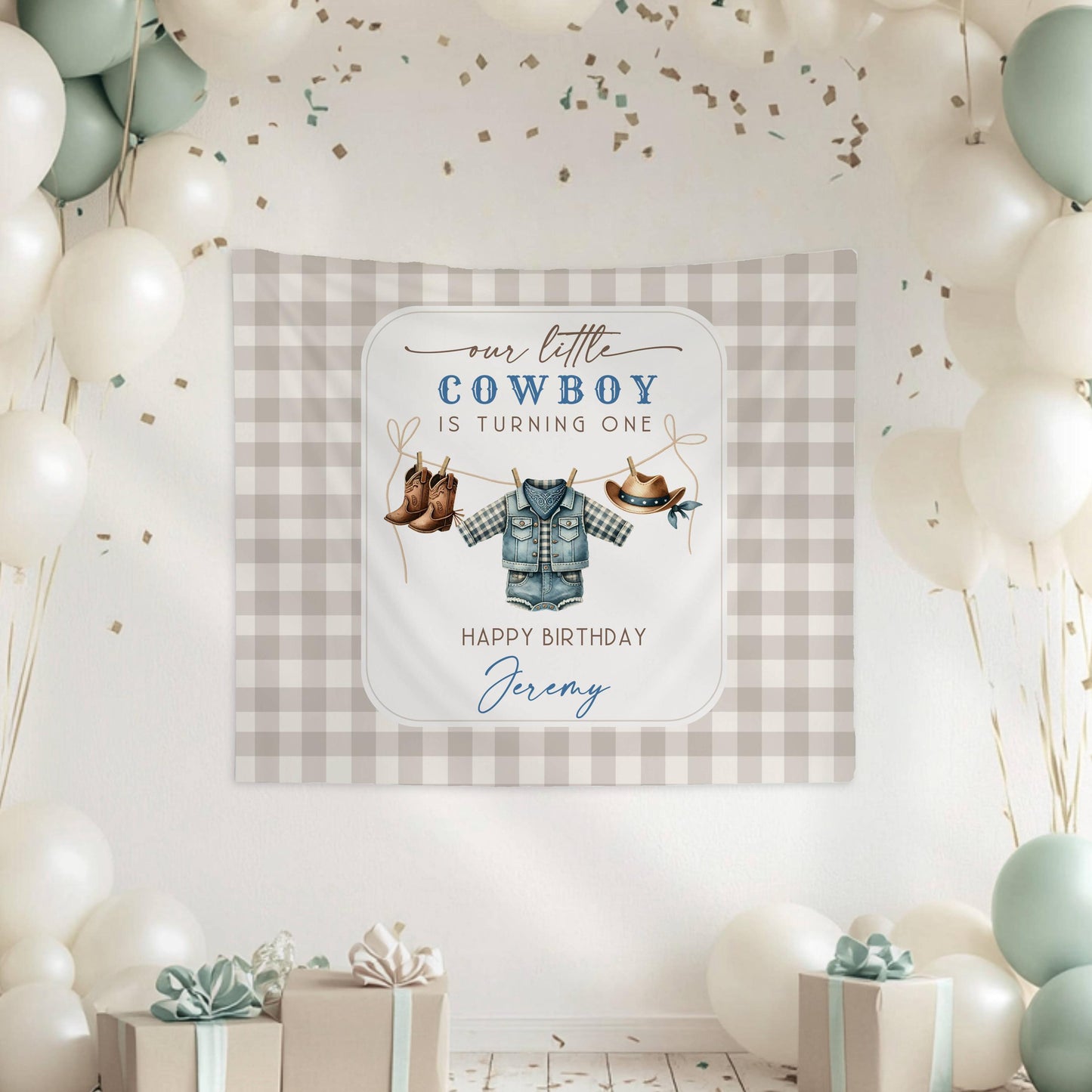 Little Cowboy 2nd Birthday Banner Blue Cowboy Birthday Photo Backdrop First Rodeo Birthday Cowboy Wild West Birthday Cowboy is Turning One - LAUMIANstudio