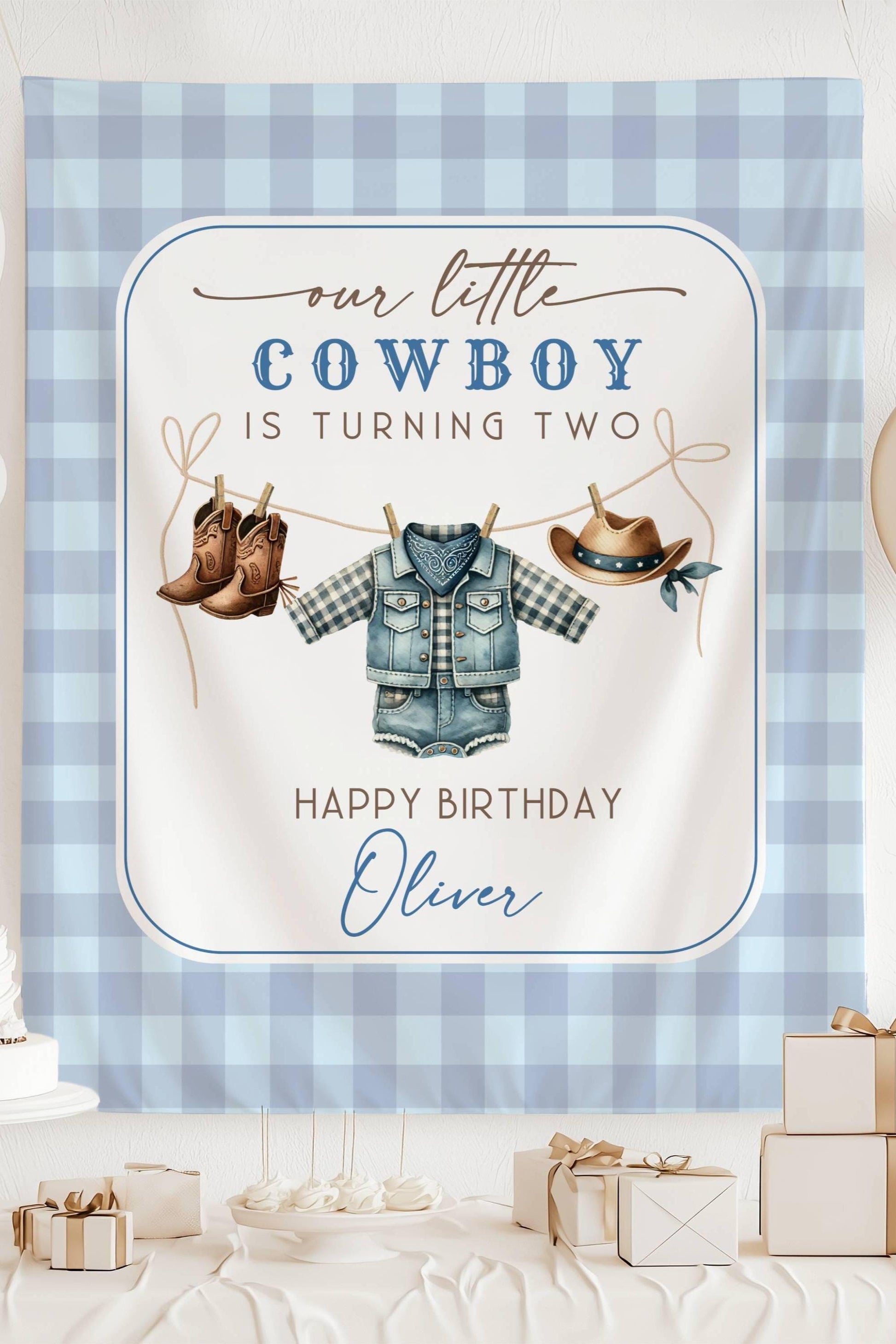 Little Cowboy 2nd Birthday Banner Blue Cowboy Birthday Photo Backdrop First Rodeo Birthday Cowboy Wild West Birthday Cowboy is Turning One - LAUMIANstudio