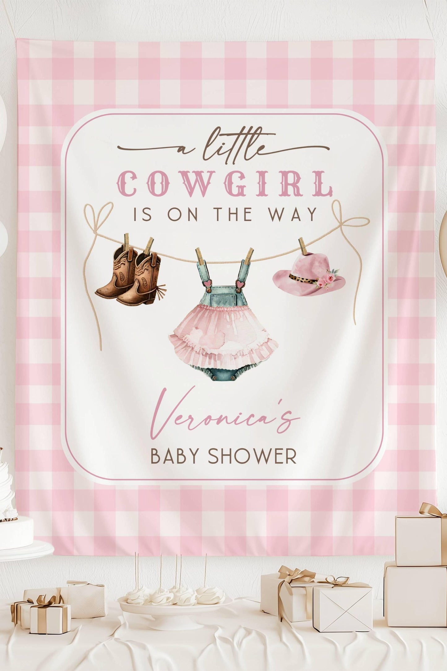 Little Cowgirl Baby Shower Backdrop Pink Cowgirl Baby Shower Banner Little Cowgirl is On The Way Welcome Sign Pink Cowgirl Clothesline Decor - LAUMIANstudio