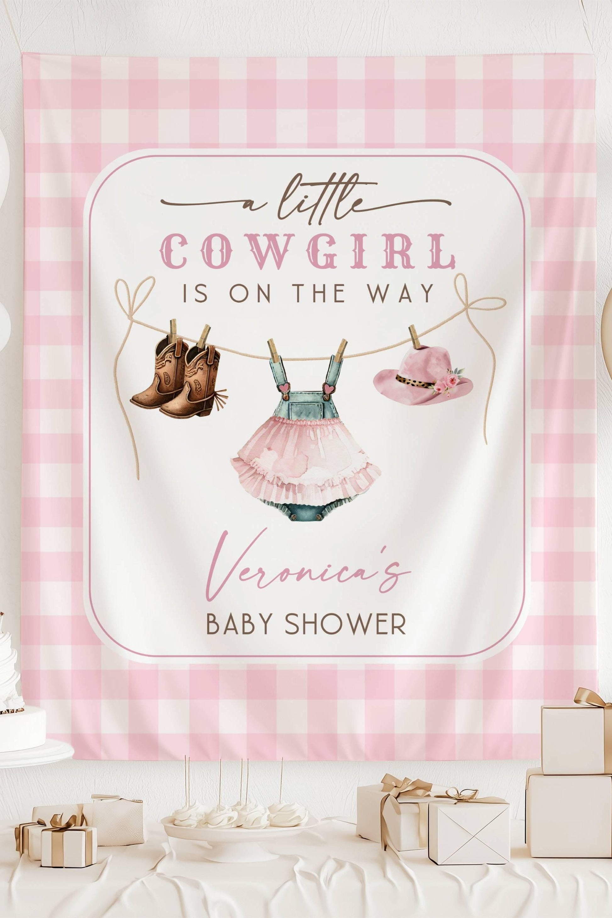 Little Cowgirl Baby Shower Backdrop Pink Cowgirl Baby Shower Banner Little Cowgirl is On The Way Welcome Sign Pink Cowgirl Clothesline Decor - LAUMIANstudio