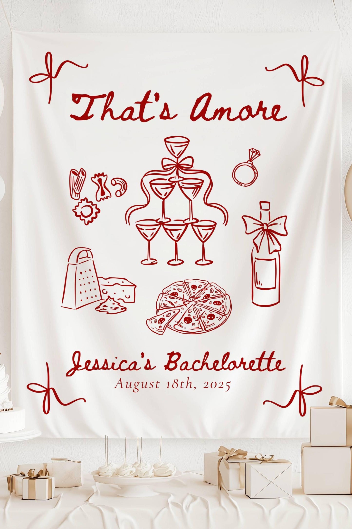 Thats Amore Bachelorette Banner: Lineart Graphics Italian Bridal Shower Decor Pink Red Striped - LAUMIANstudio