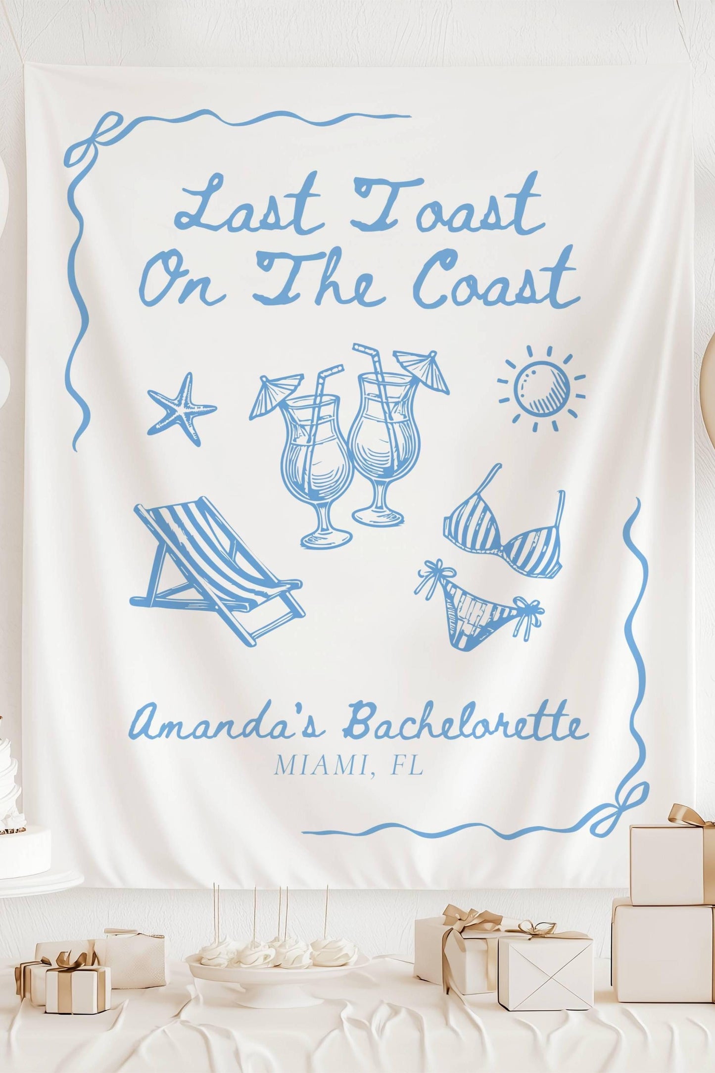 Custom Last Toast on the Coast Backdrop Blue Cocktail Bikini Banner Coastal Bridal Shower Tapestry Summer Bachelorette Party Welcome Sign - LAUMIANstudio