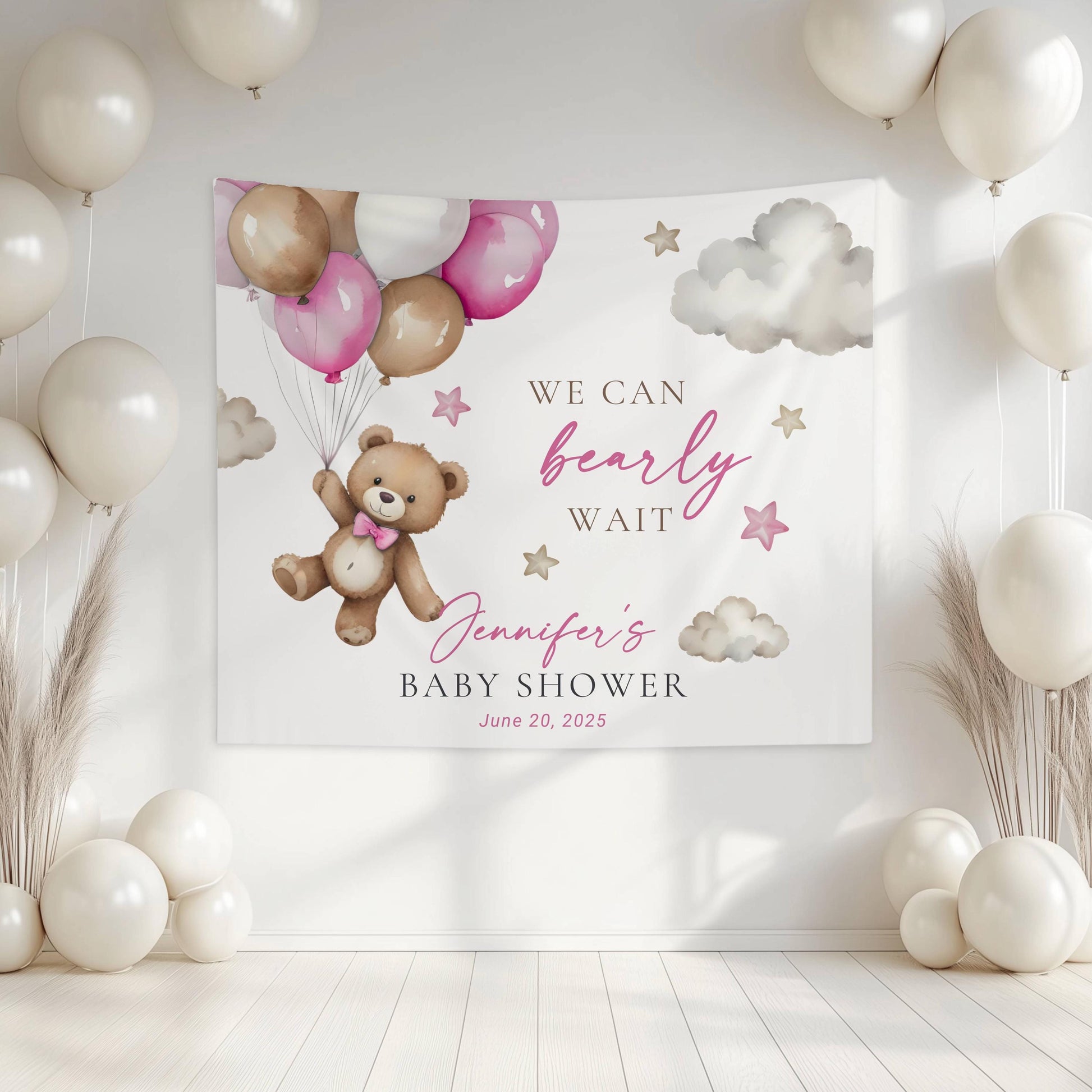 Custom Pink Bearly Wait Banner Pink Baby Girl Baby Shower Backdrop Pink Balloon Teddy Sign Pink Bear Baby Shower We Can Nearly Wait Pink - LAUMIANstudio