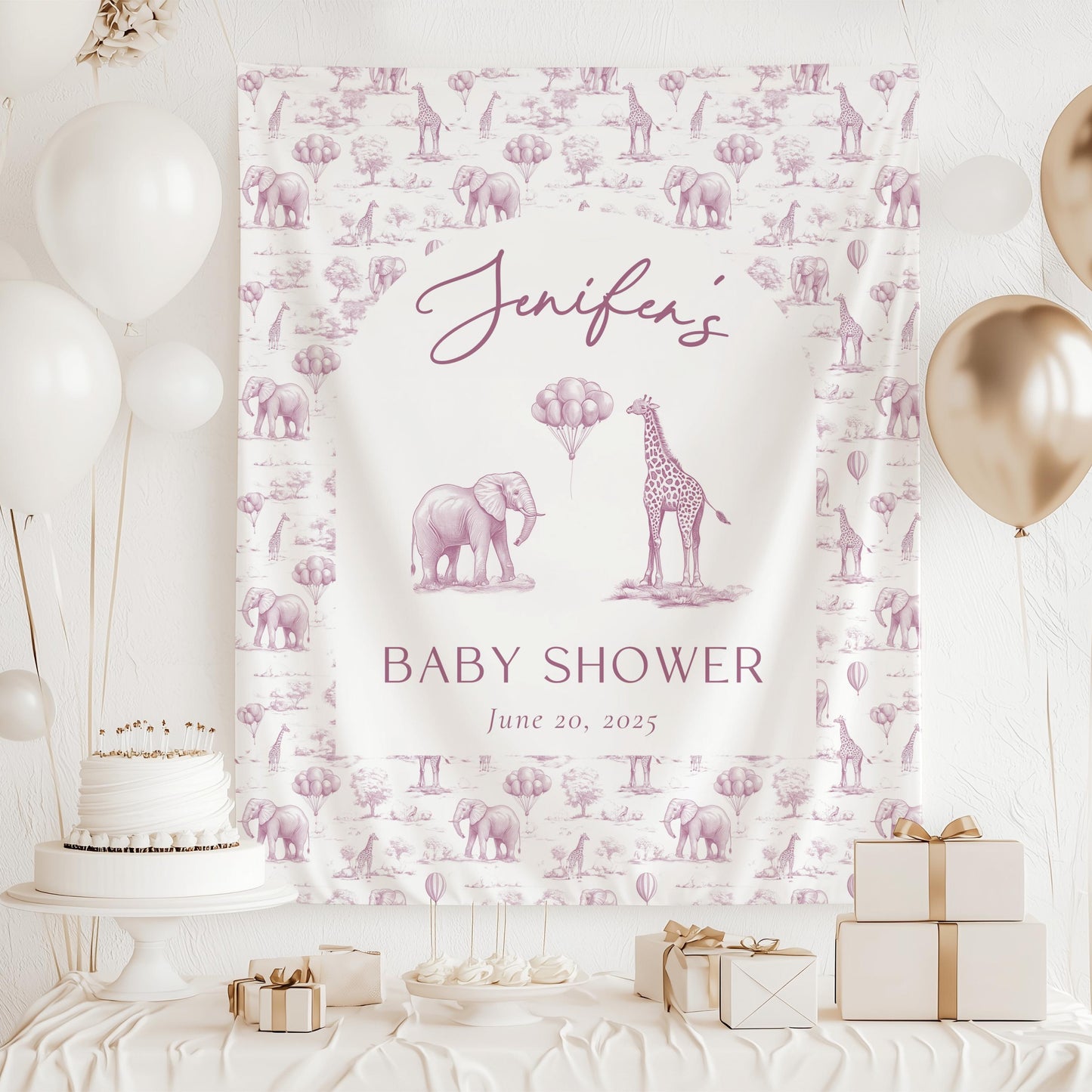 Custom Blush Pink Baby Shower Backdrop Toile Girl Baby Shower Wall Tapestry Chinoiserie Safari Shower Decoration Cute Pink Shower Tapestry - LAUMIANstudio