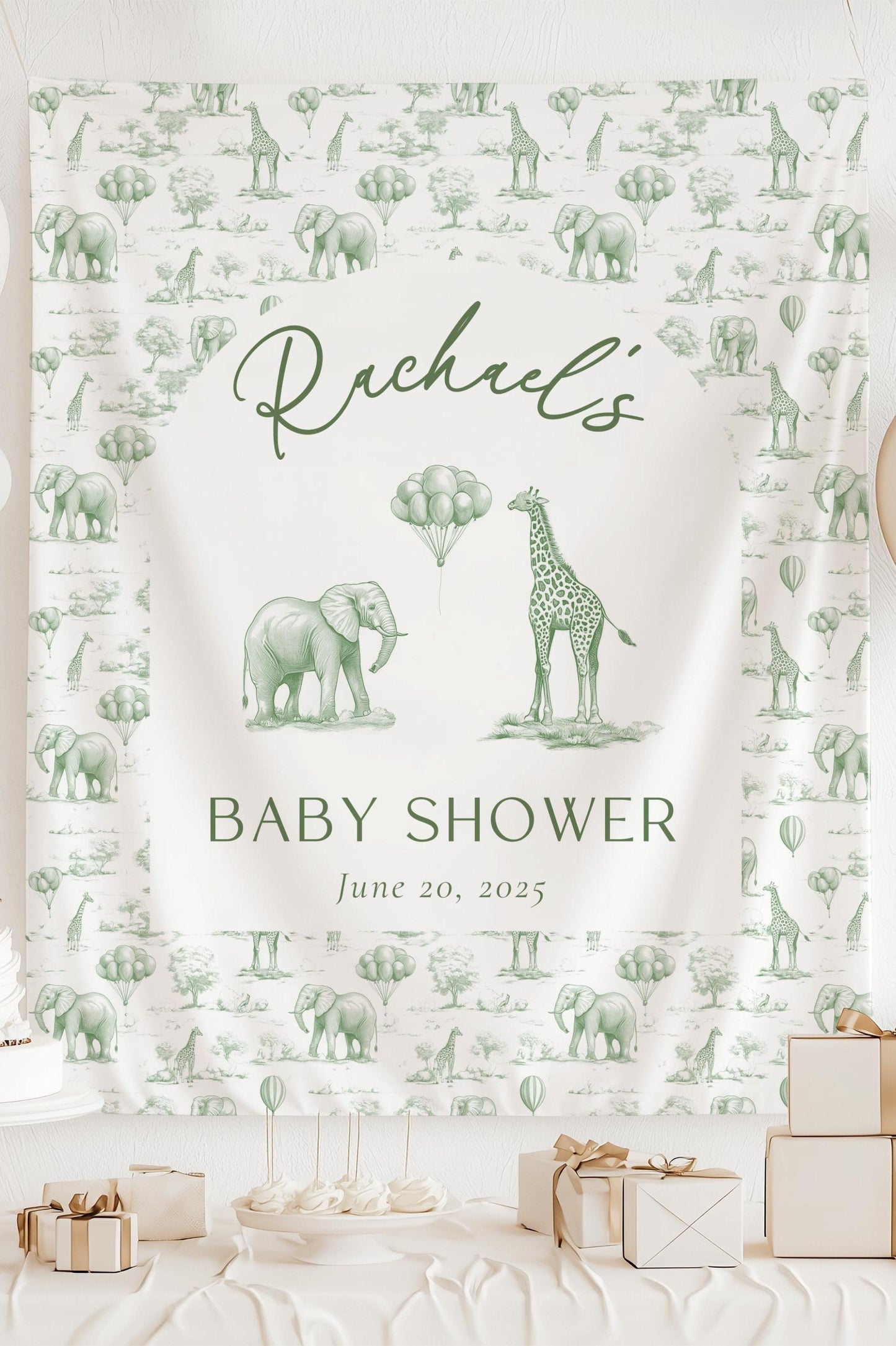 Toile Safari Baby Shower Backdrop - Sage Green - LAUMIANstudio