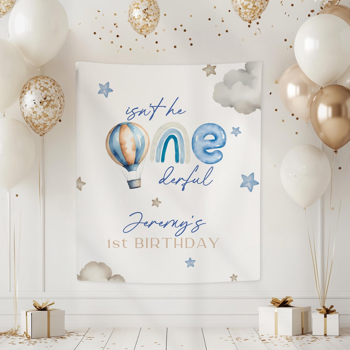 Onederful First Birthday Backdrop Hot Air Balloon Birthday Party Banner 1st Birthday Boy Blue Onederful Decor Custom Rainbow Onederful Sign - LAUMIANstudio
