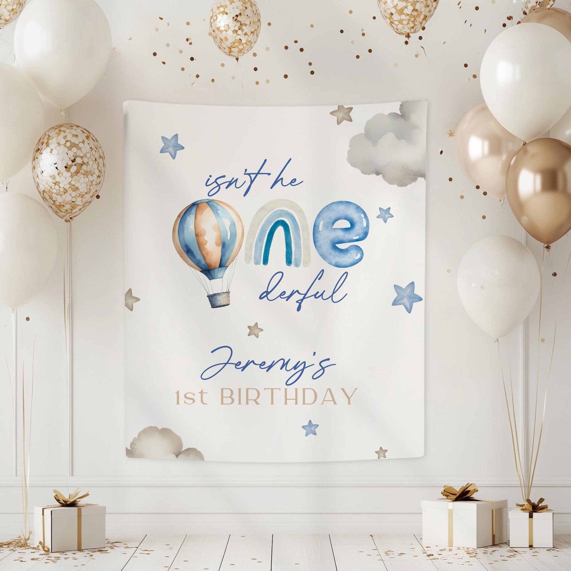 Onederful First Birthday Backdrop Hot Air Balloon Birthday Party Banner 1st Birthday Boy Blue Onederful Decor Custom Rainbow Onederful Sign - LAUMIANstudio