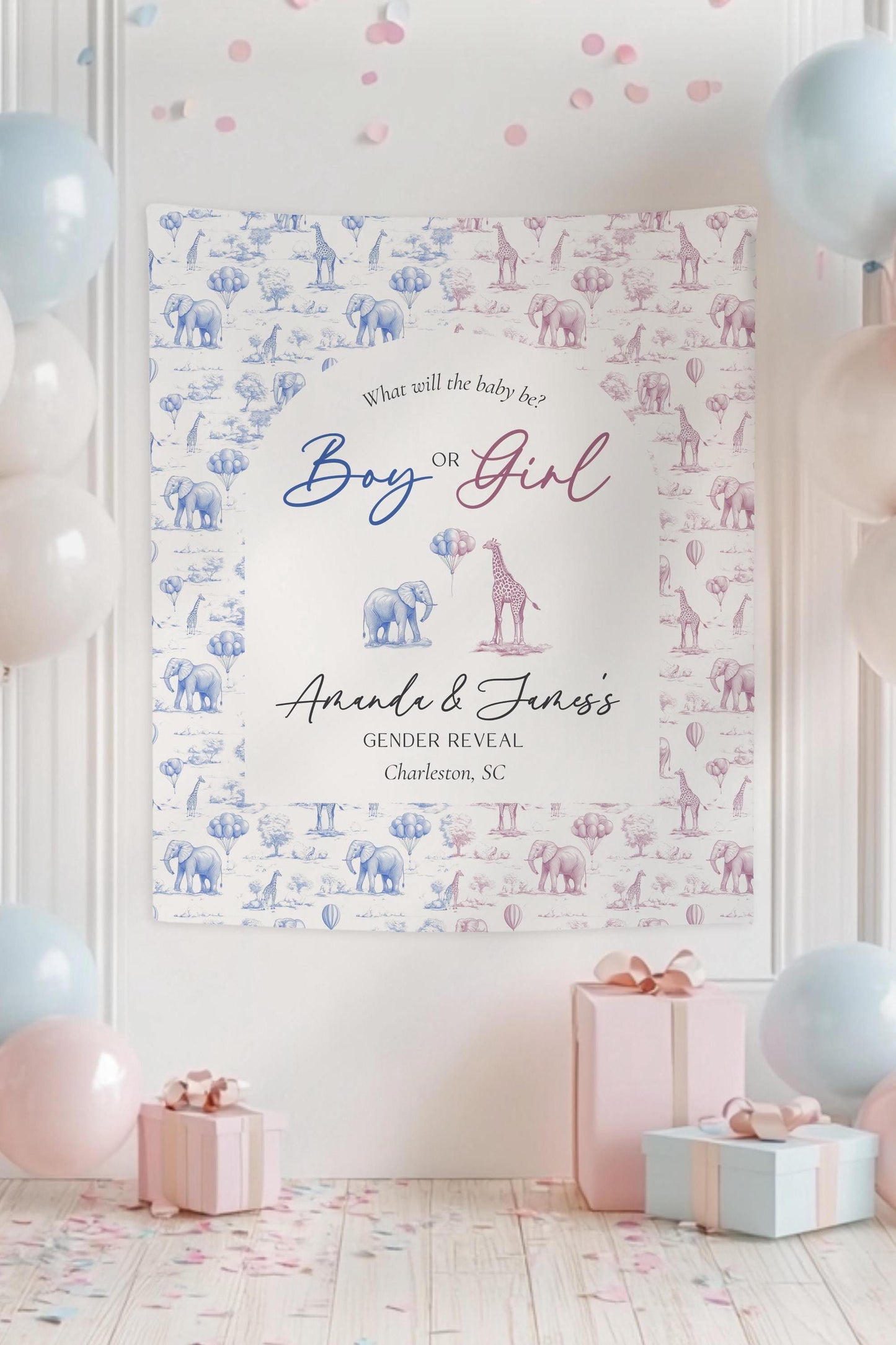 Personalized Gender Reveal Backdrop Boy or Girl Wall Tapestry Blue Pink Baby Shower Decor Custom Toile Gender Reveal Decoration Pink Blue - LAUMIANstudio
