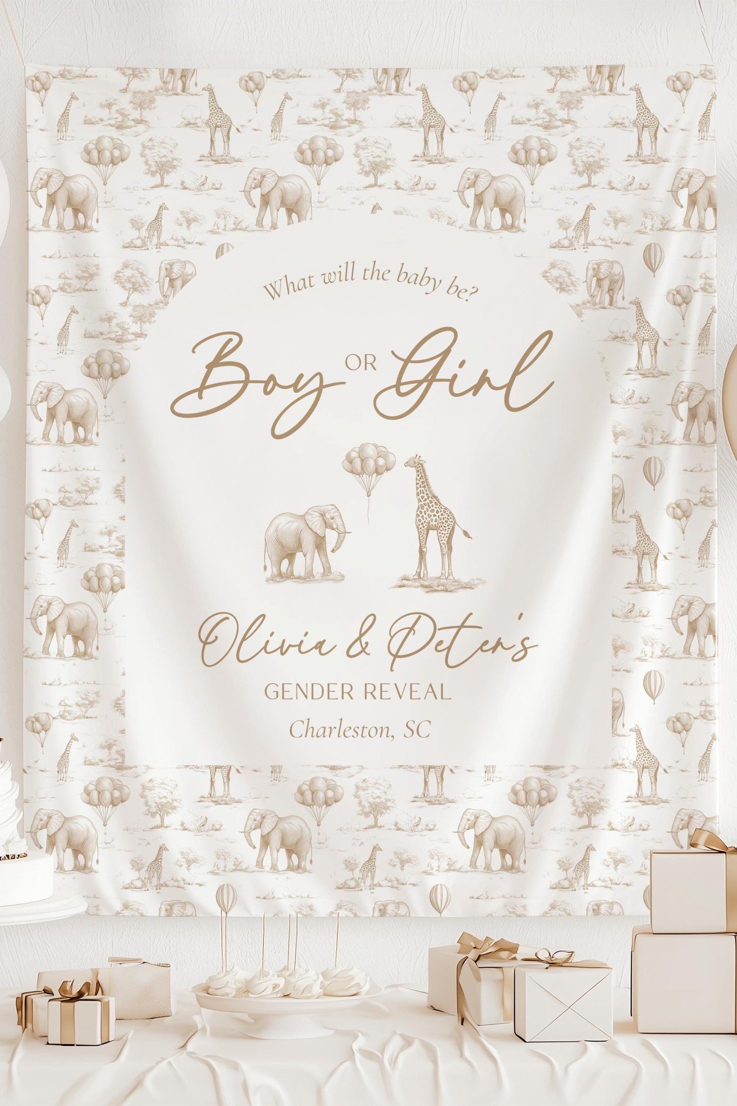 Neutral Gender Reveal Backdrop Beige Gender Reveal Party Decor Toile Beige Giant Backdrop Toile Animal Boy or Girl Backdrop He or She Reveal - LAUMIANstudio