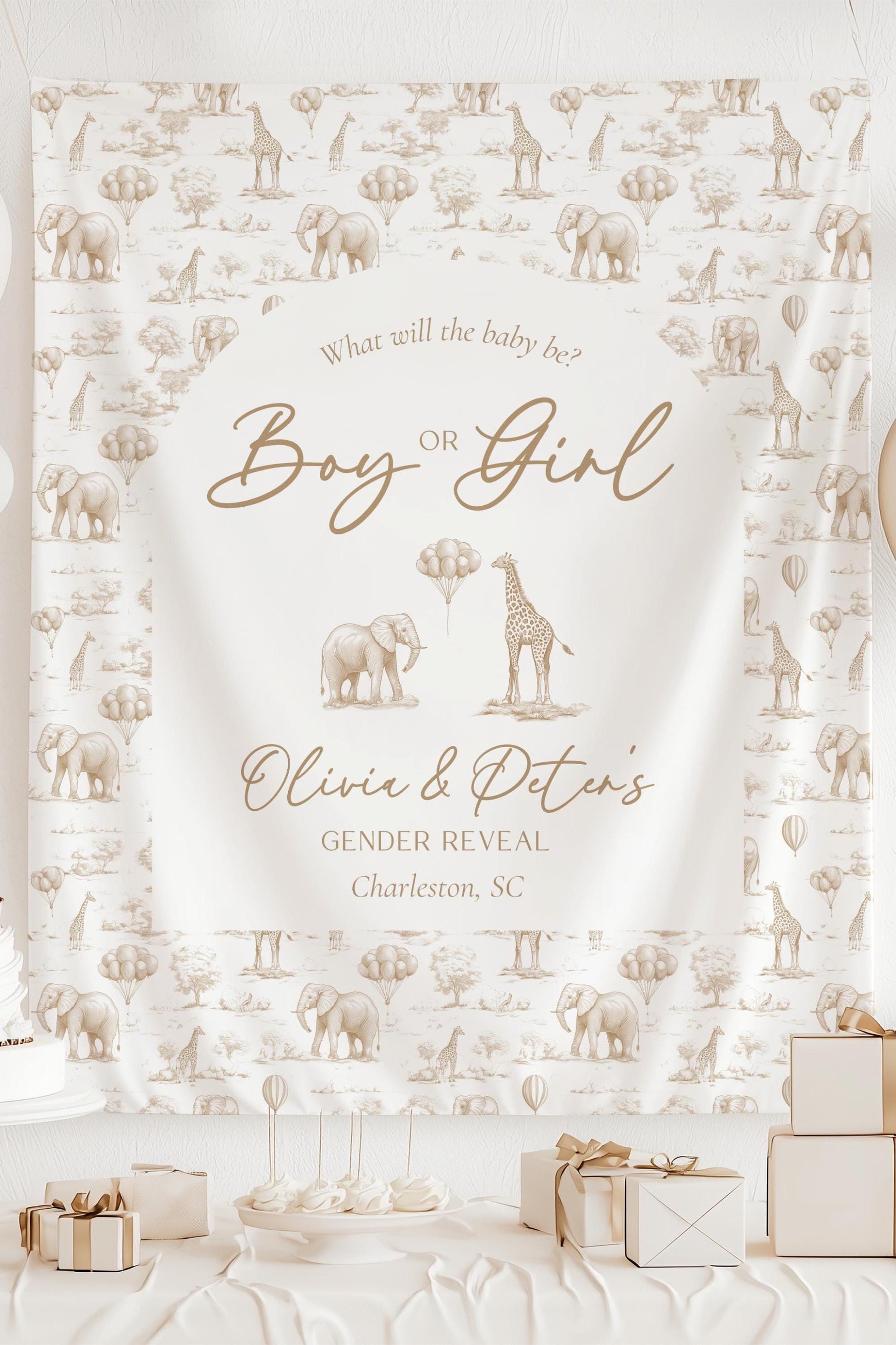 Neutral Gender Reveal Backdrop Beige Gender Reveal Party Decor Toile Beige Giant Backdrop Toile Animal Boy or Girl Backdrop He or She Reveal - LAUMIANstudio