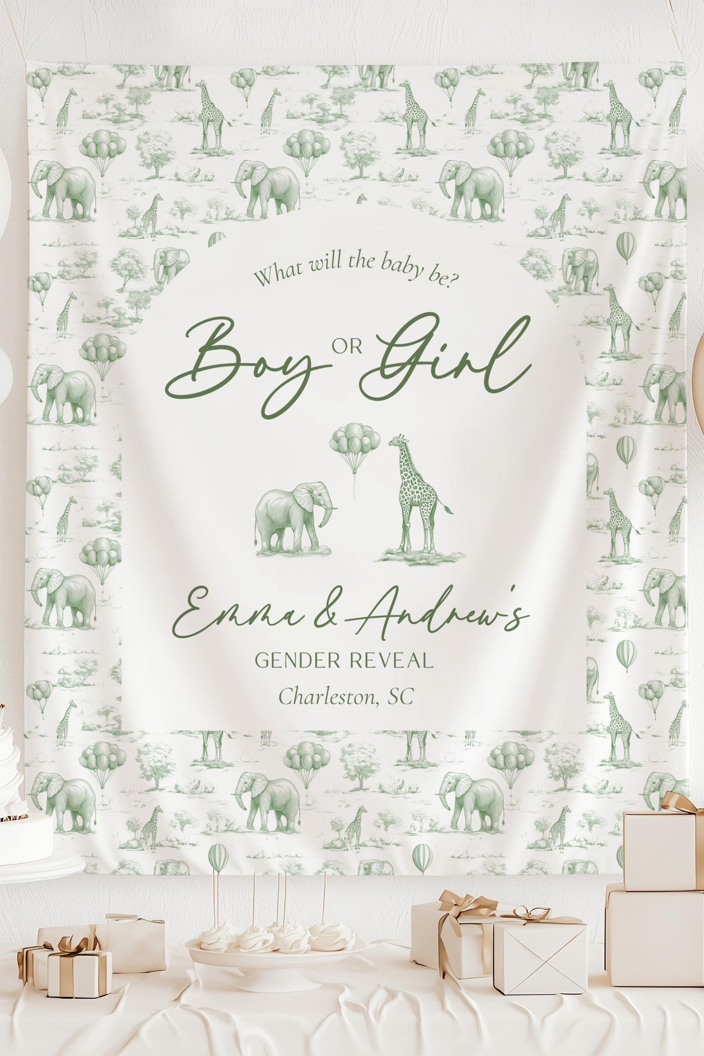 Custom He or She Reveal Gender Reveal Backdrop Sage Green Gender Reveal Giant Backdrop Neutral Baby Shower Tapestry Toile Safari Backdrop - LAUMIANstudio