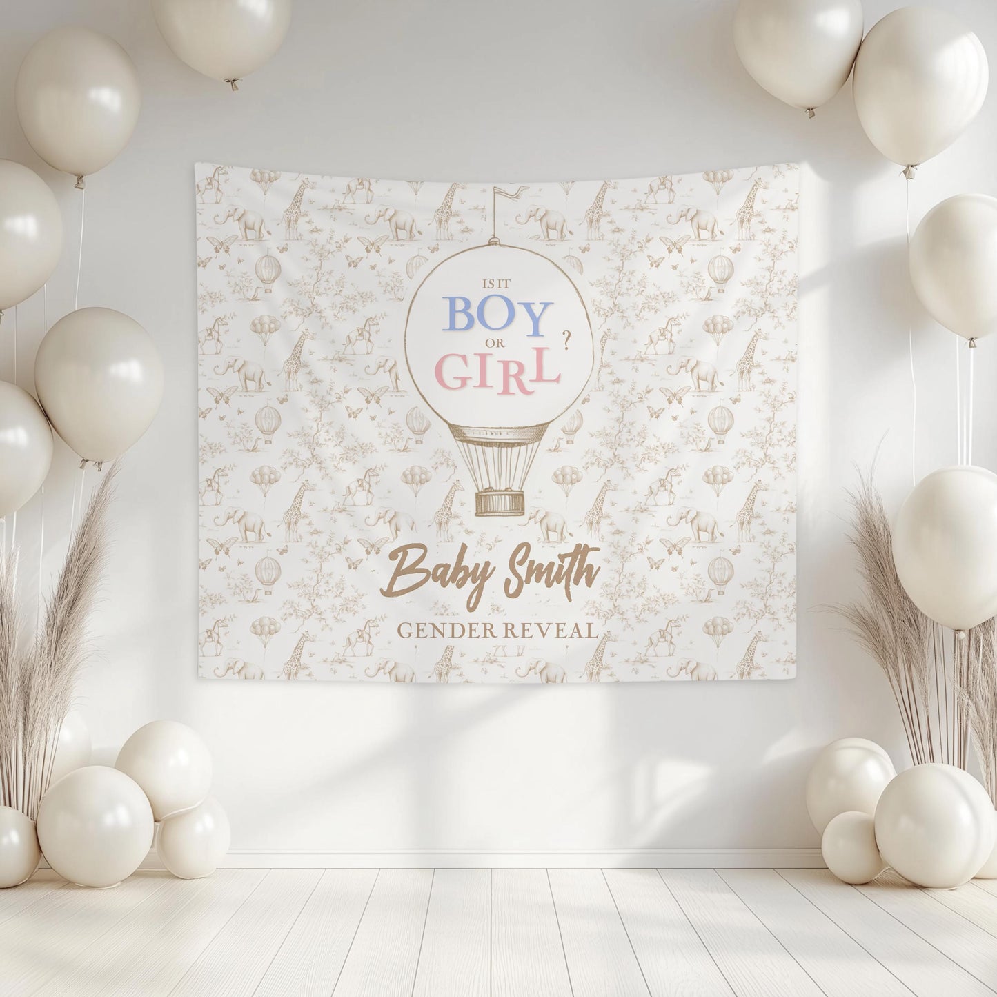 Whimsical Gender Reveal Banner Hot Air Balloon Print Custom Boho Baby Shower Backdrop Green Tapestry Butterfly Toile Green Elephant Backdrop - LAUMIANstudio