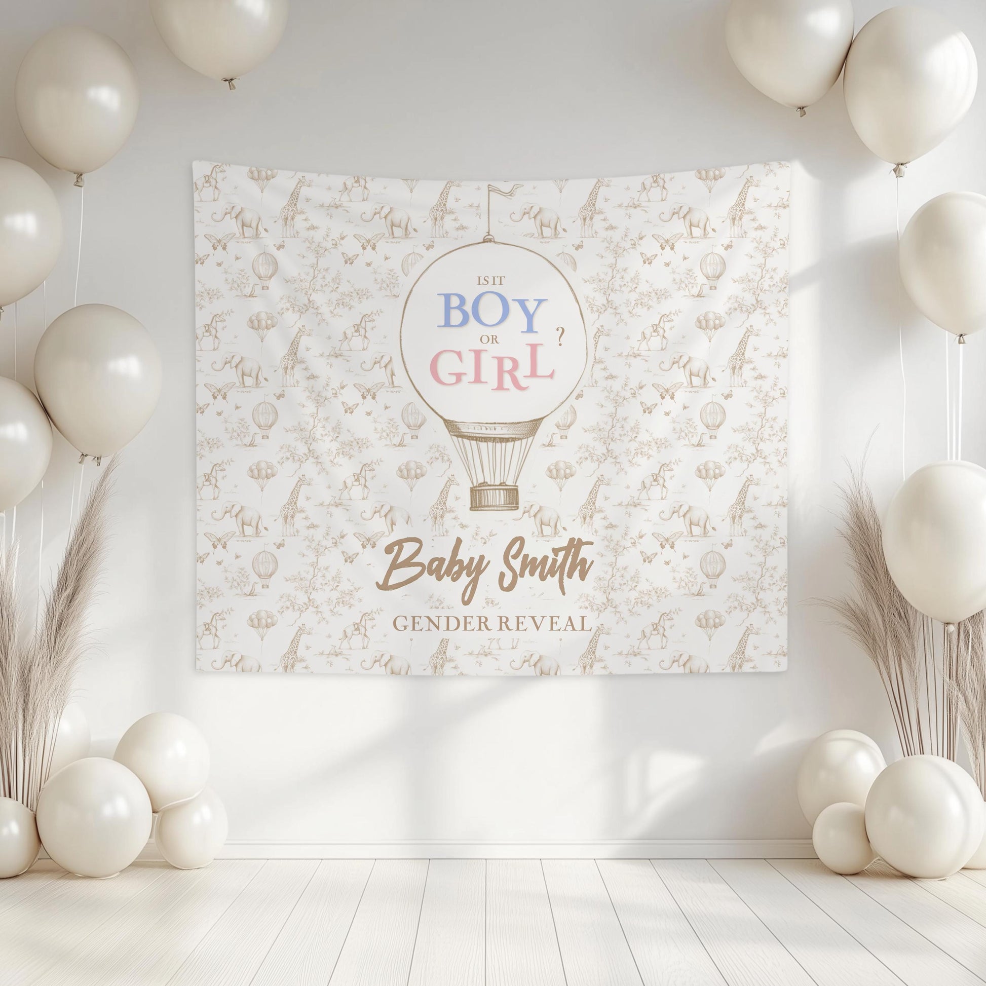 Whimsical Gender Reveal Banner Hot Air Balloon Print Custom Boho Baby Shower Backdrop Green Tapestry Butterfly Toile Green Elephant Backdrop - LAUMIANstudio