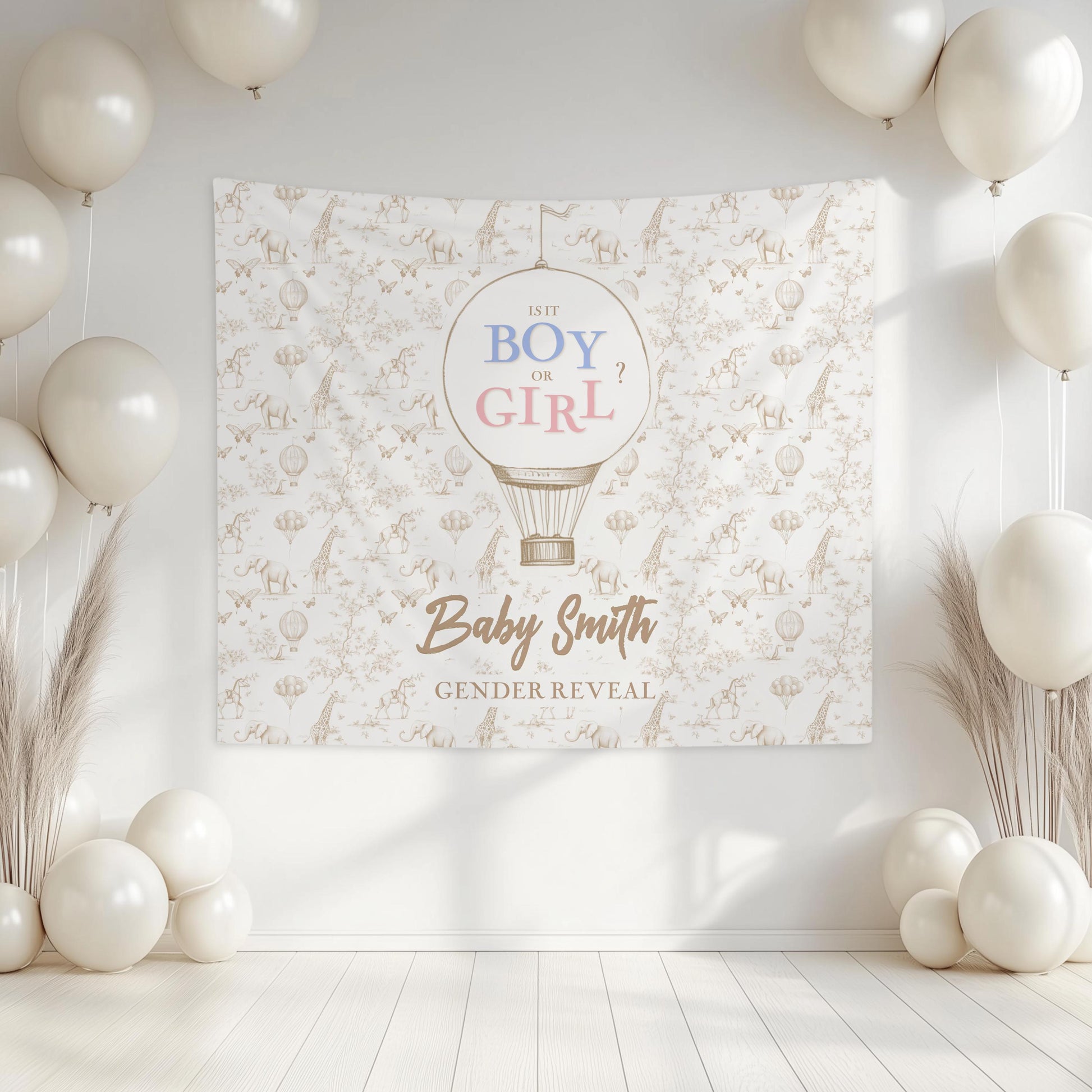 Boy or Girl Backdrop Custom Blue Pink Gender Reveal Tapestry Pastel Gender Reveal Backdrop Personalized Baby Shower Backdrop Hot Air Balloon - LAUMIANstudio