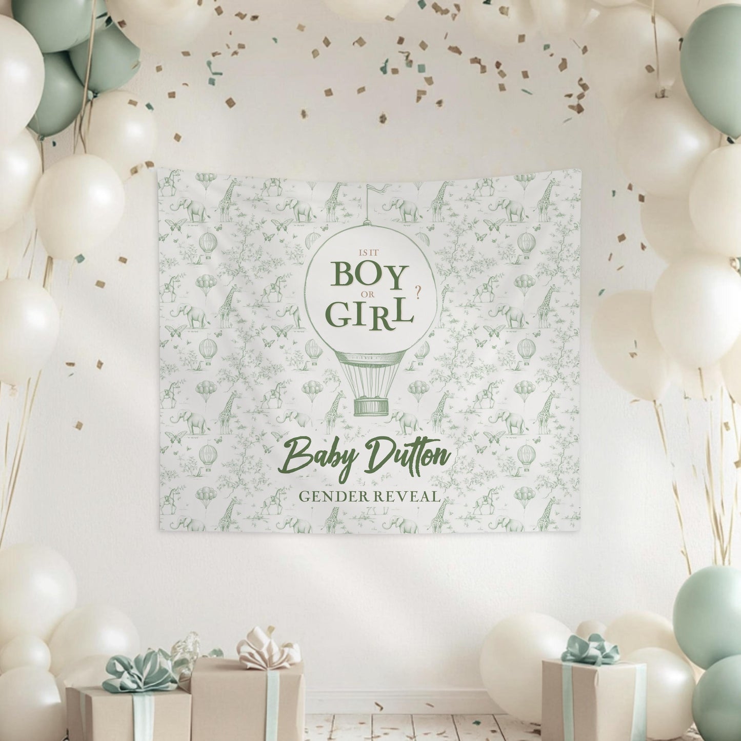 Whimsical Gender Reveal Banner Hot Air Balloon Print Custom Boho Baby Shower Backdrop Green Tapestry Butterfly Toile Green Elephant Backdrop - LAUMIANstudio