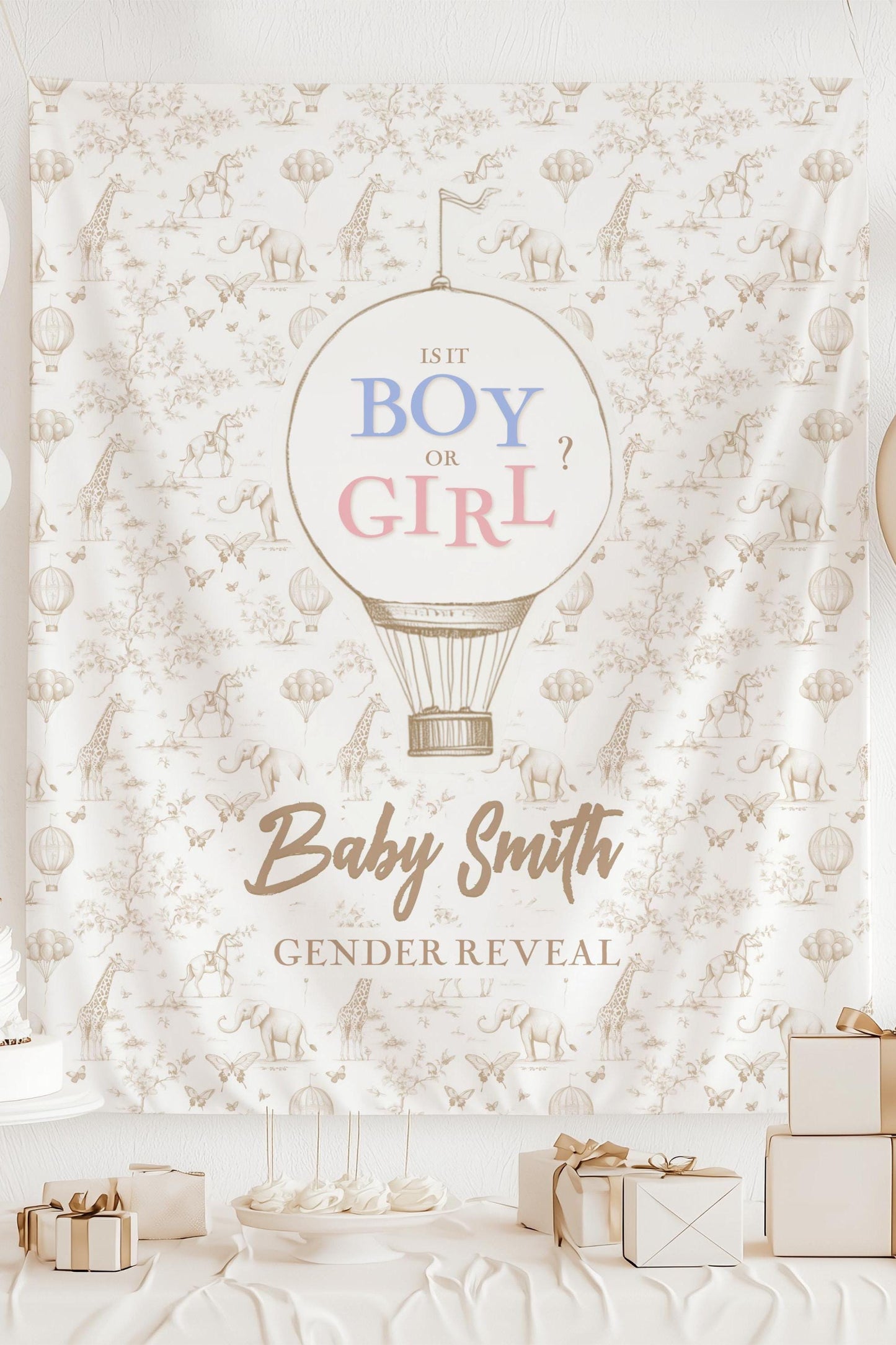 Whimsical Gender Reveal Banner Hot Air Balloon Print Custom Boho Baby Shower Backdrop Green Tapestry Butterfly Toile Green Elephant Backdrop - LAUMIANstudio