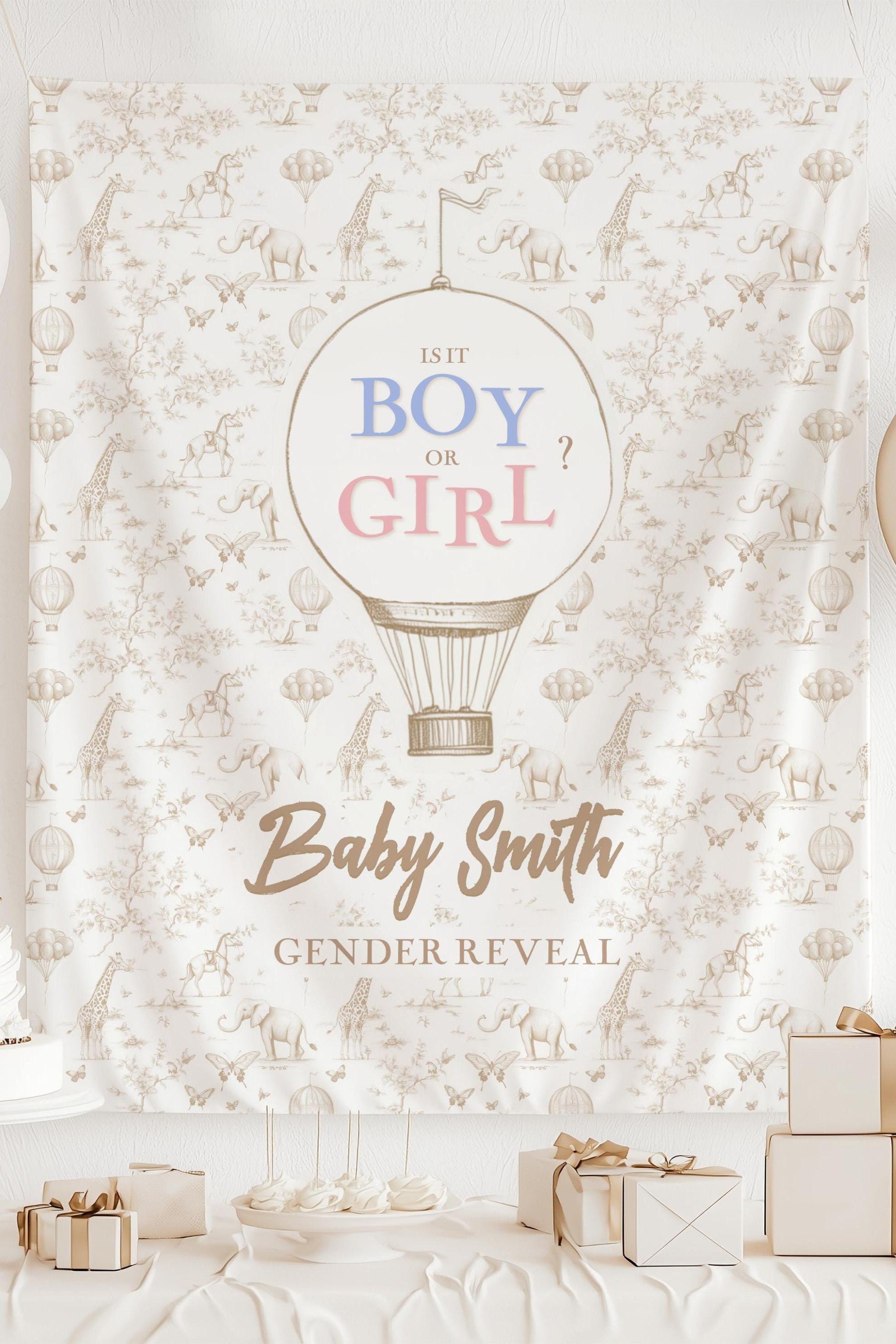 Whimsical Gender Reveal Banner Hot Air Balloon Print Custom Boho Baby Shower Backdrop Green Tapestry Butterfly Toile Green Elephant Backdrop - LAUMIANstudio