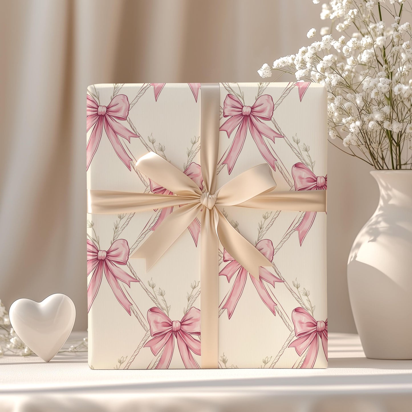 Coquette Pink Bow Wrapping Paper Girly Pink Ribbon Gift Wrap Coquette Birthday Wrapping Custom Watercolor Coquette Aesthetic Wrapping Paper - LAUMIANstudio