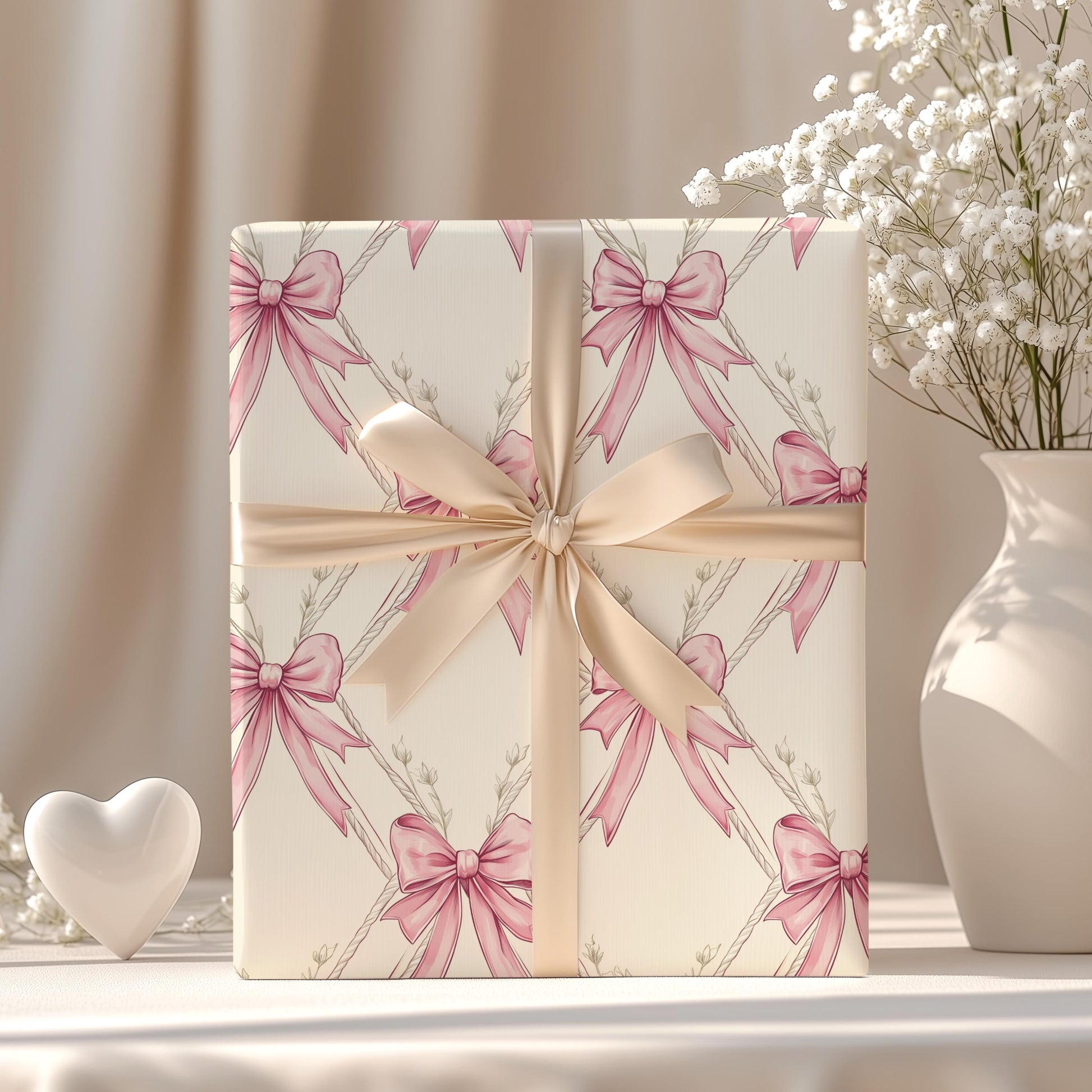 Coquette Pink Bow Wrapping Paper Girly Pink Ribbon Gift Wrap Coquette Birthday Wrapping Custom Watercolor Coquette Aesthetic Wrapping Paper - LAUMIANstudio