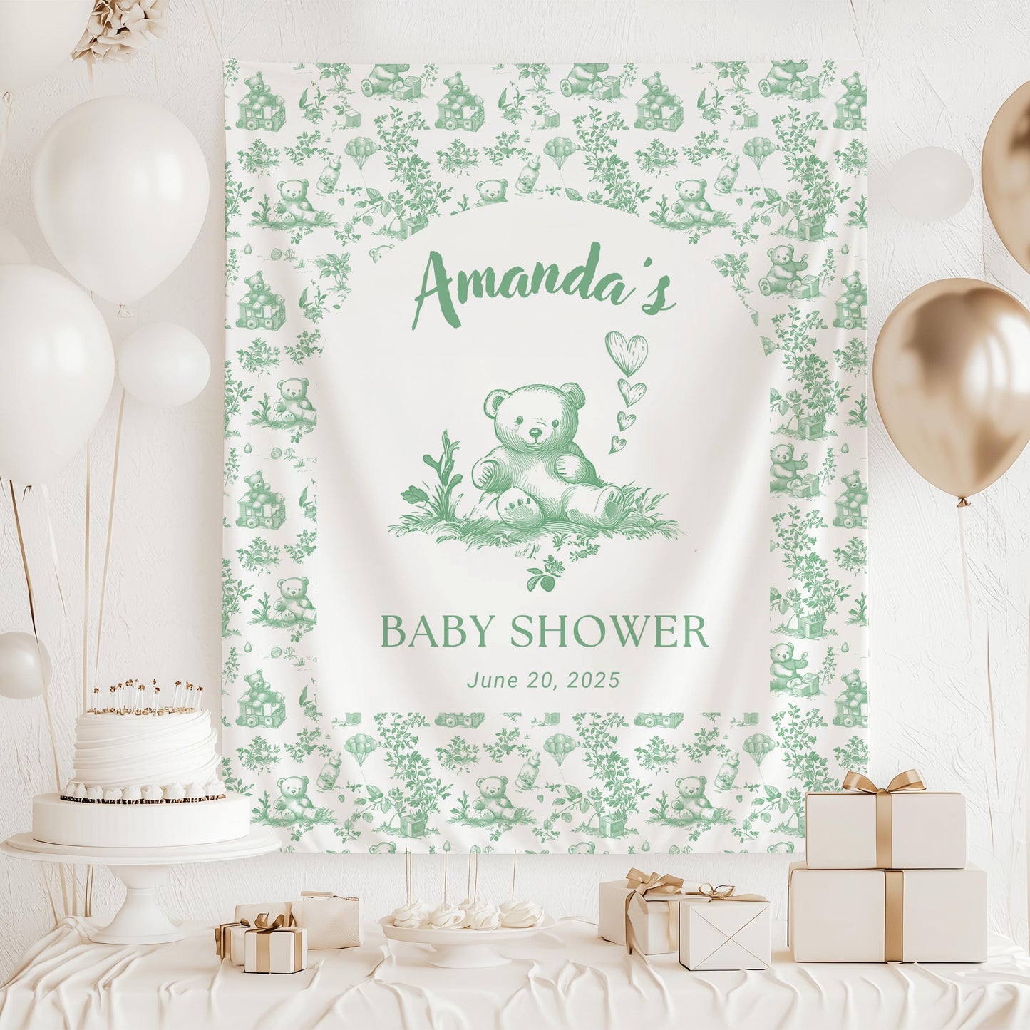 Baby Girl Baby Shower Banner Bear Pink Baby Shower Sign Balloon Bear Shower Decor Pink Girl Toile Backdrop Custom Pink Bear Shower Banner - LAUMIANstudio