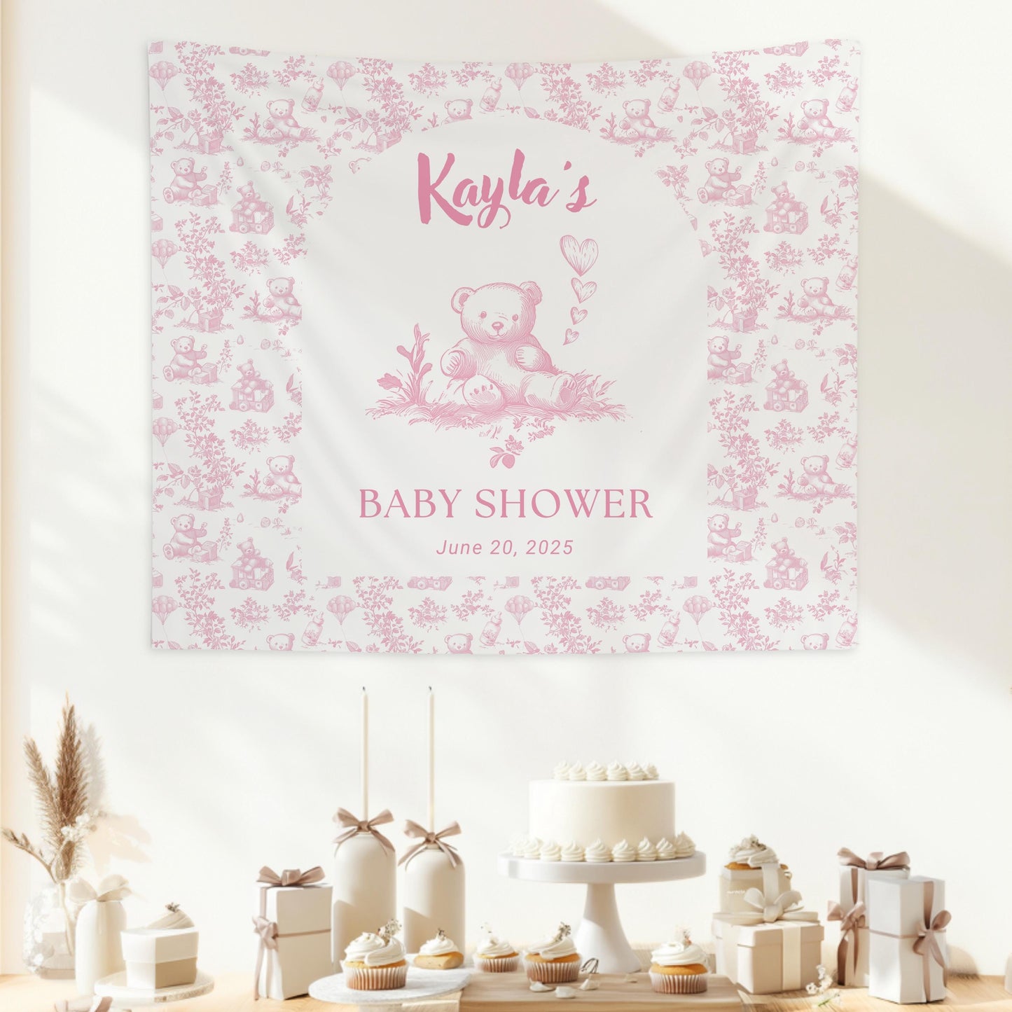 Baby Girl Baby Shower Banner Bear Pink Baby Shower Sign Balloon Bear Shower Decor Pink Girl Toile Backdrop Custom Pink Bear Shower Banner - LAUMIANstudio