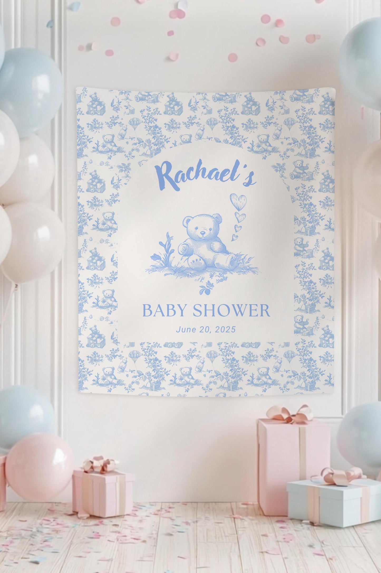 Teddy Bear Baby Shower Banner Balloon Bear Shower Boy Blue Decor Custom Blue Bear Baby Shower Backdrop Bear Blue Toile Tapestry Bear Shower - LAUMIANstudio
