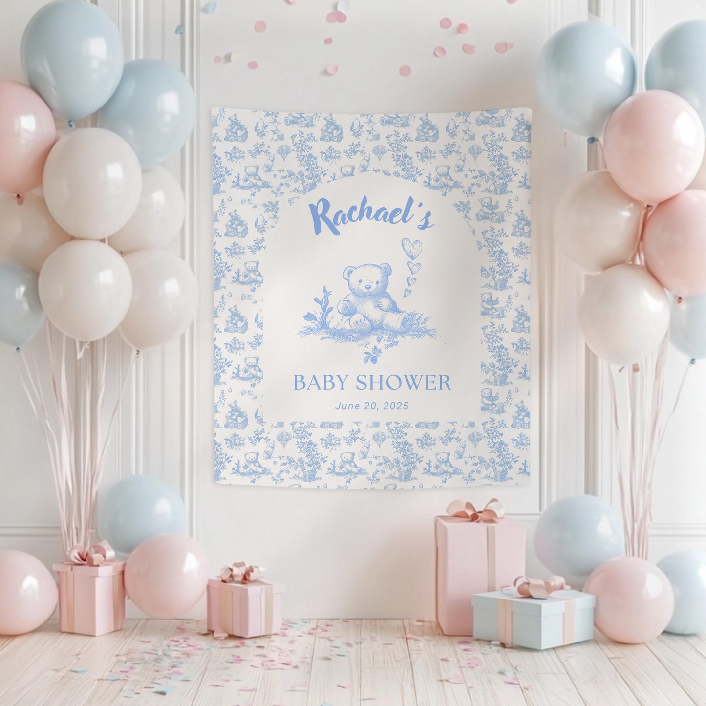 Custom Neutral Teddy Baby Shower Banner Toile Beige Nursery Decor Boho Bear Sign Beige Balloon Bear Shower Brown Bear Backdrop Neutral Sign - LAUMIANstudio