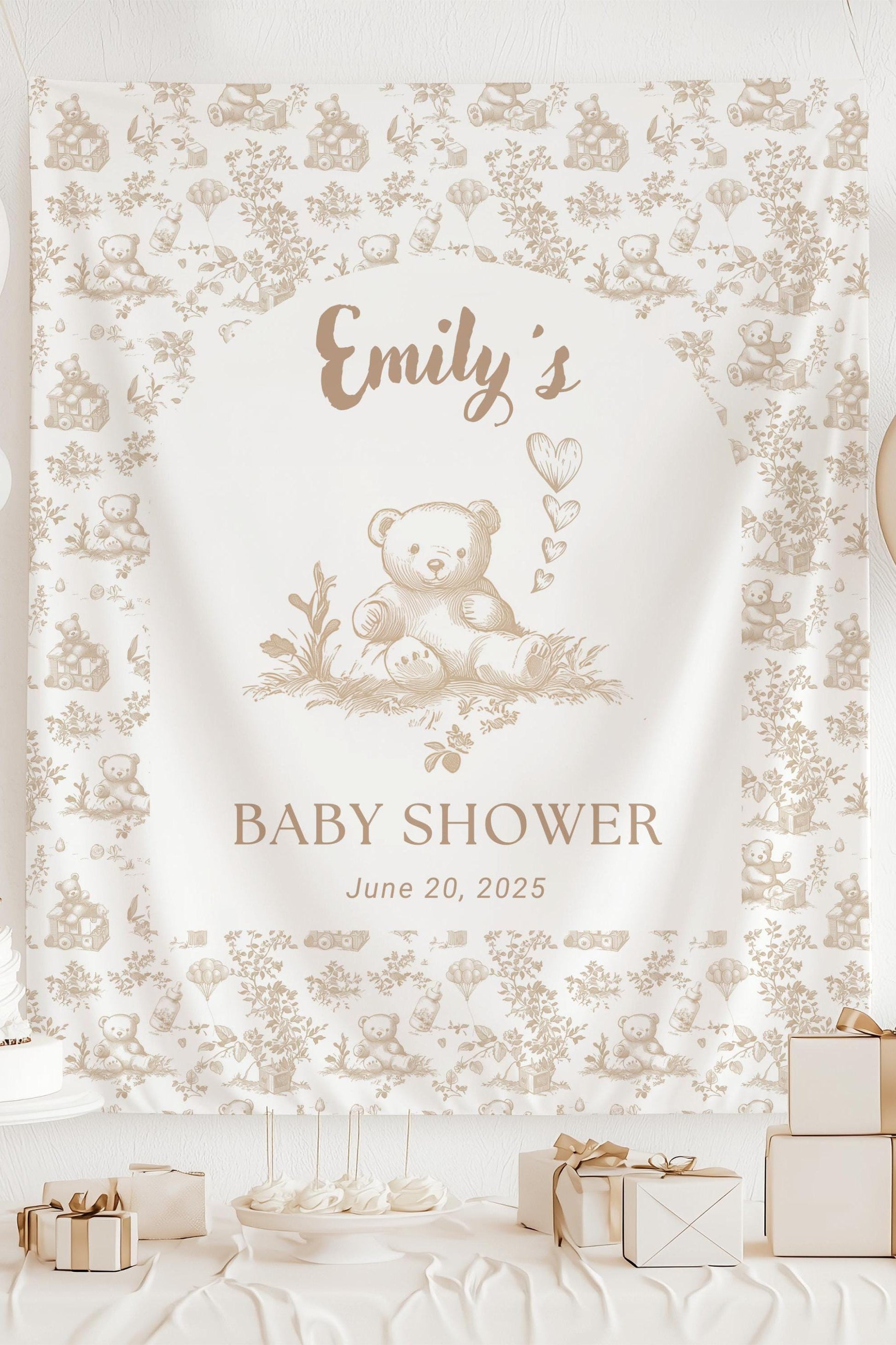 Custom Neutral Teddy Baby Shower Banner Toile Beige Nursery Decor Boho Bear Sign Beige Balloon Bear Shower Brown Bear Backdrop Neutral Sign - LAUMIANstudio