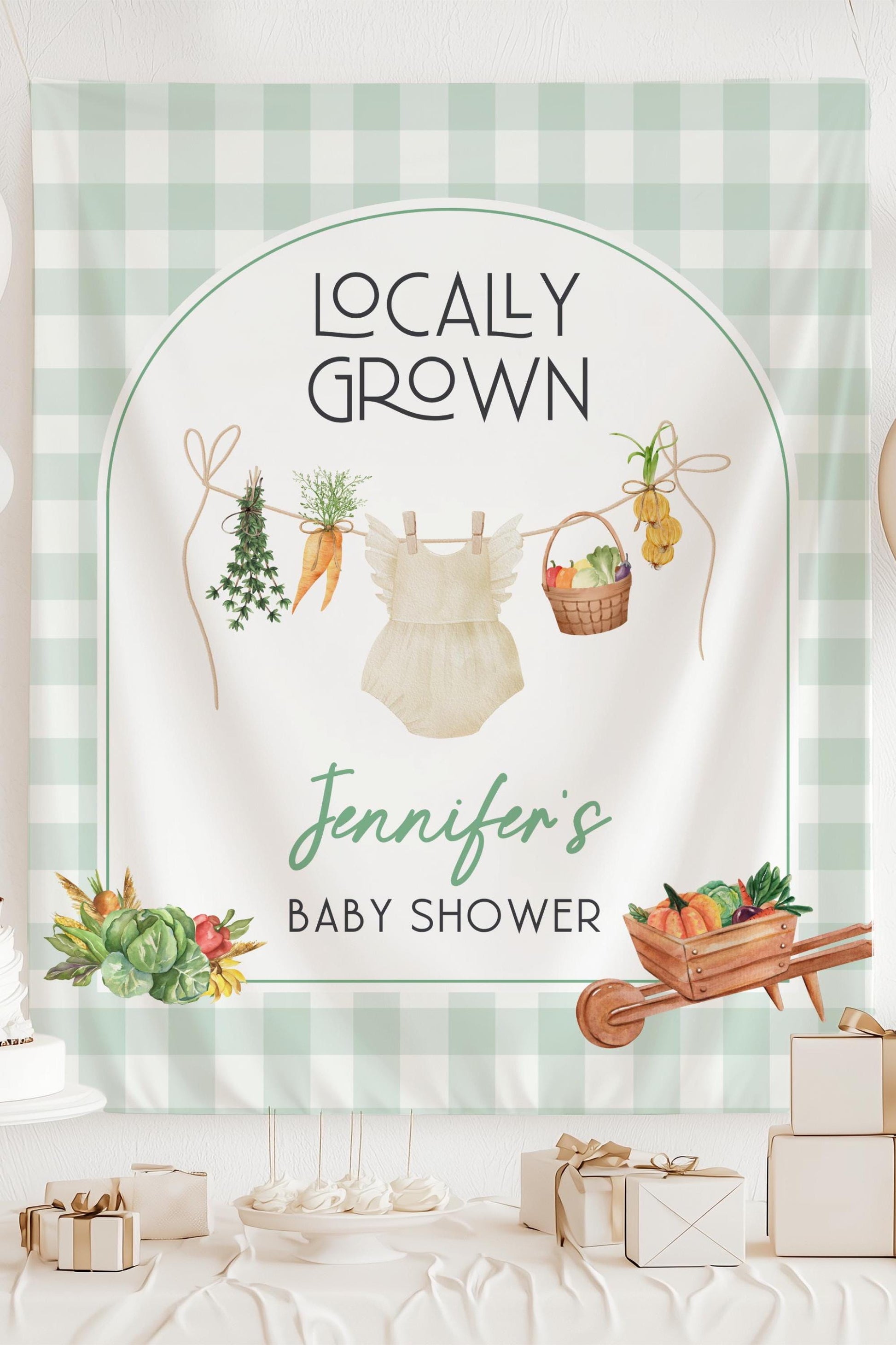 Custom Farmer Market Baby Shower Backdrop Locally Grown Baby Girl Party Decoration Fruit and Vegetable Baby Shower Banner Locally Grown Sign - LAUMIANstudio