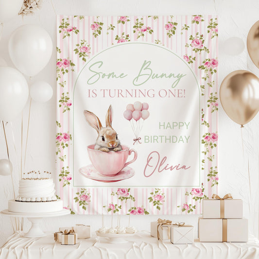 Personalized Bunny is Turning Three Sign Spring Birthday Party Backdrop Cute Bunny Pink Banner Idea Bunny Birthday Party Decor Bunny Sign - LAUMIANstudio