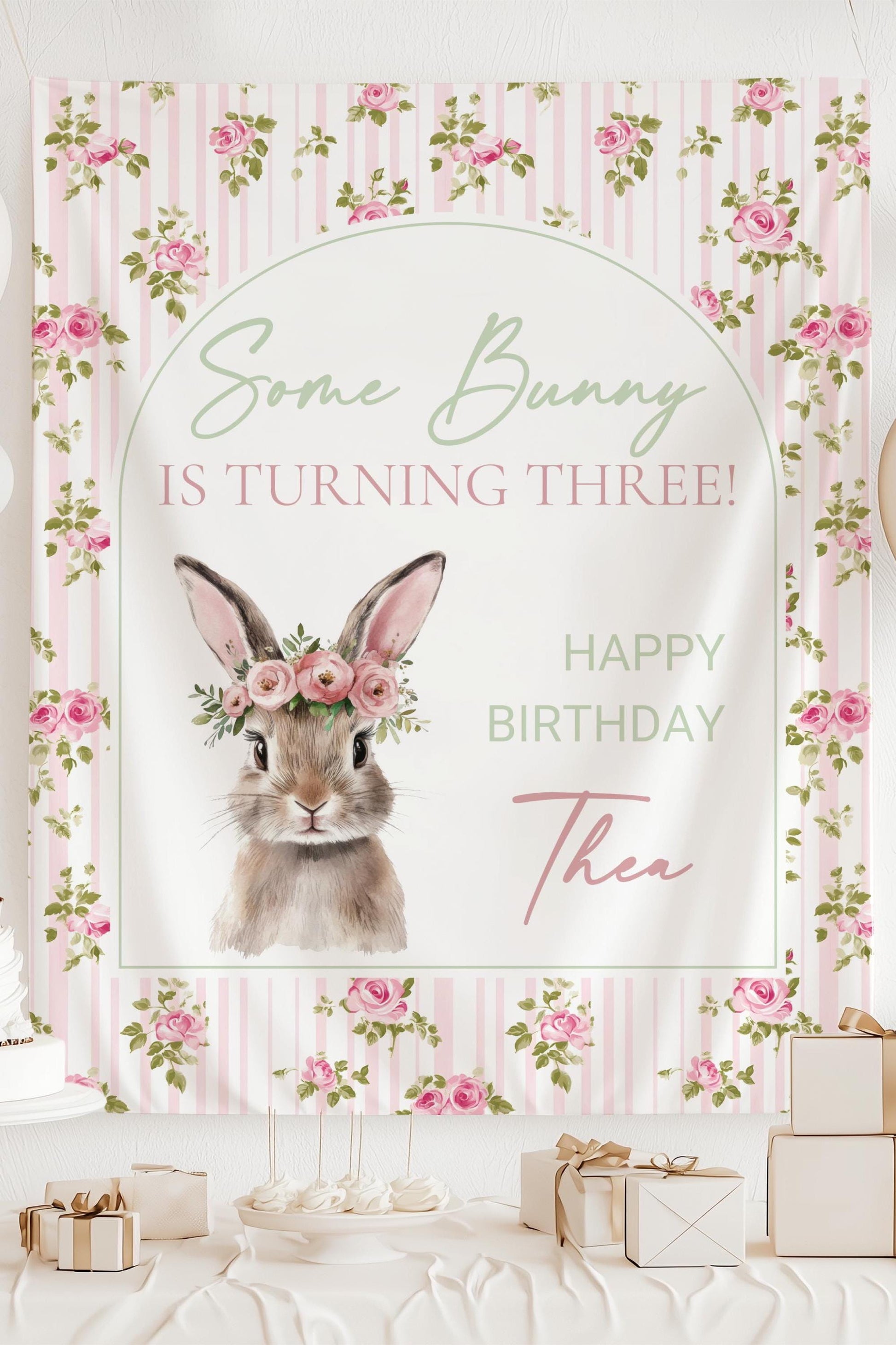 Personalized Bunny is Turning Three Sign Spring Birthday Party Backdrop Cute Bunny Pink Banner Idea Bunny Birthday Party Decor Bunny Sign - LAUMIANstudio