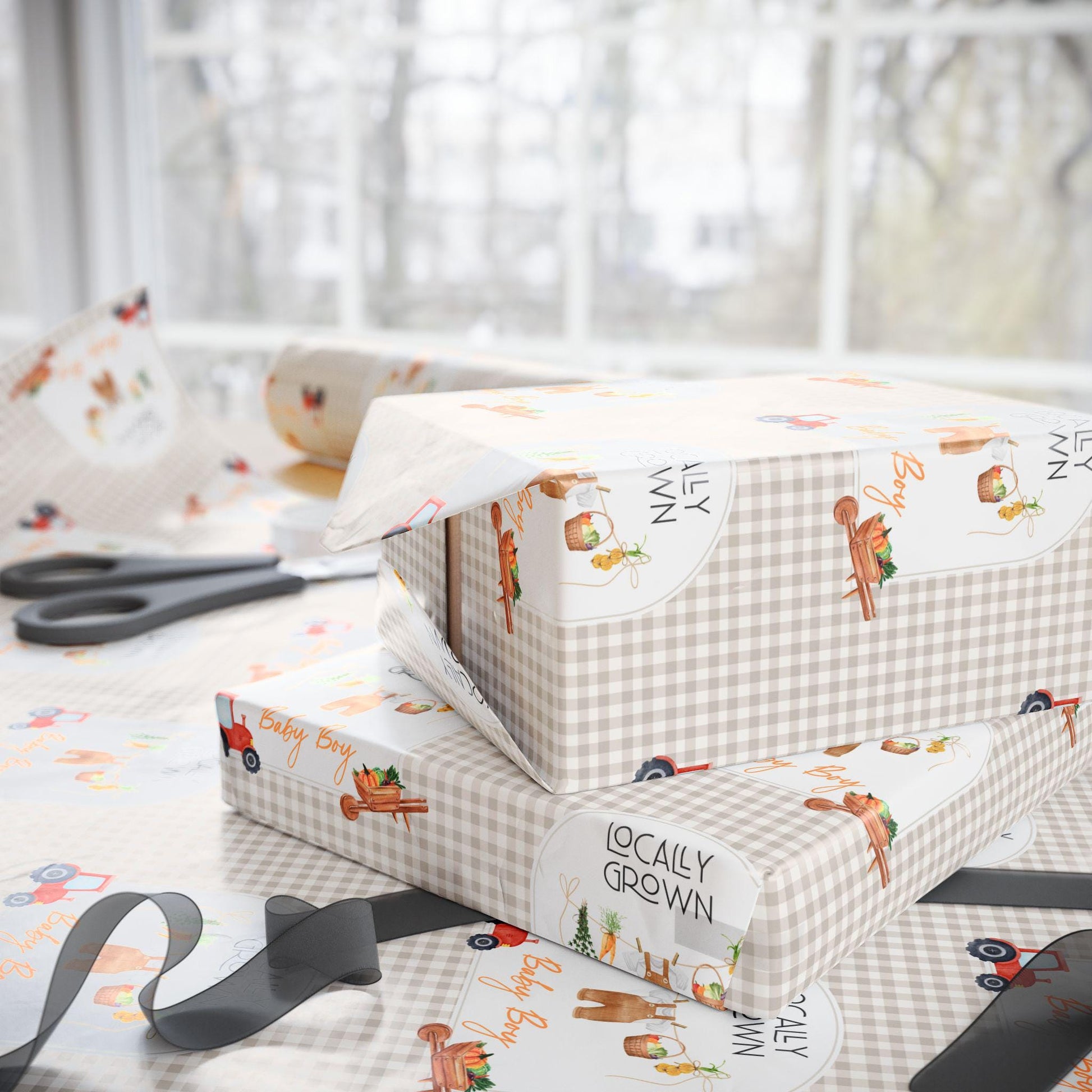 Locally Grown Baby Shower Gift Wrapping Paper Baby Boy Shower Gift Wrap Summer Baby Shower Gift Paper Farmer Market Baby Shower Gift Wrap - LAUMIANstudio