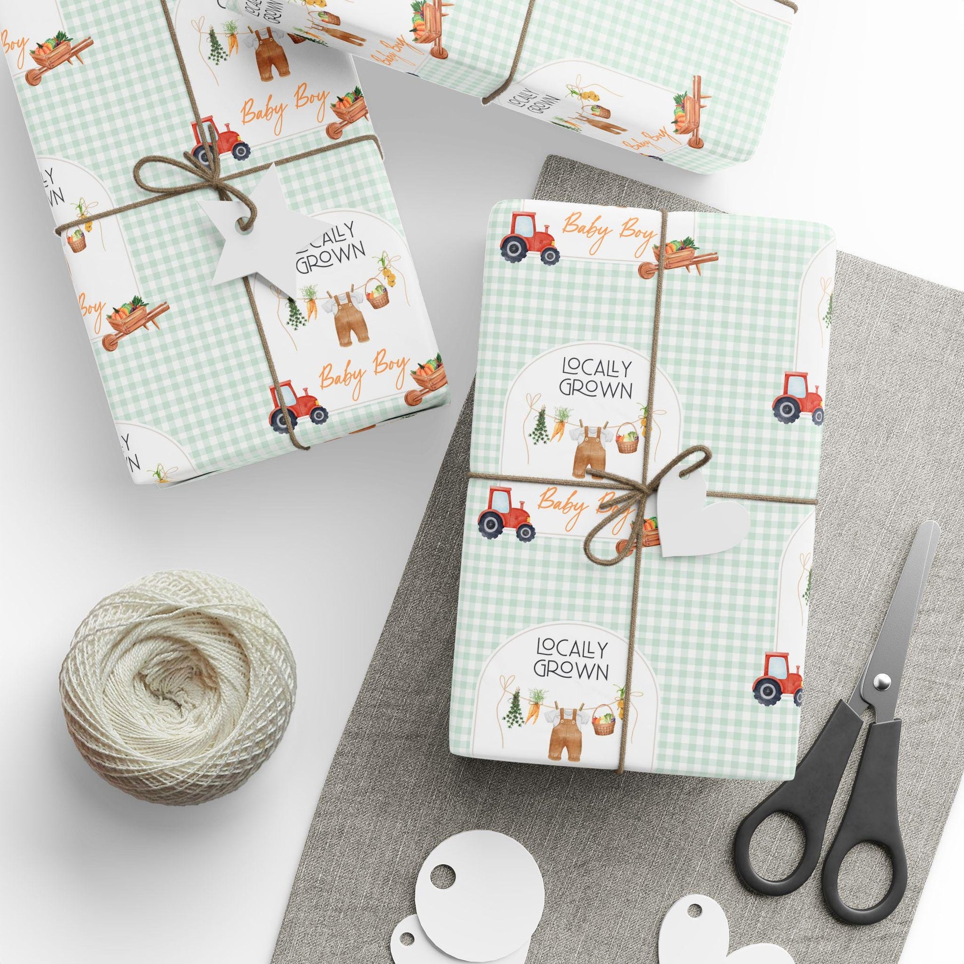 Custom Green Locally Grown Paper Farmer Market Baby Shower Gift Wrapping Tractor Baby Boy Gift Wrap Locally Grown Wrapping Paper Farmer - LAUMIANstudio