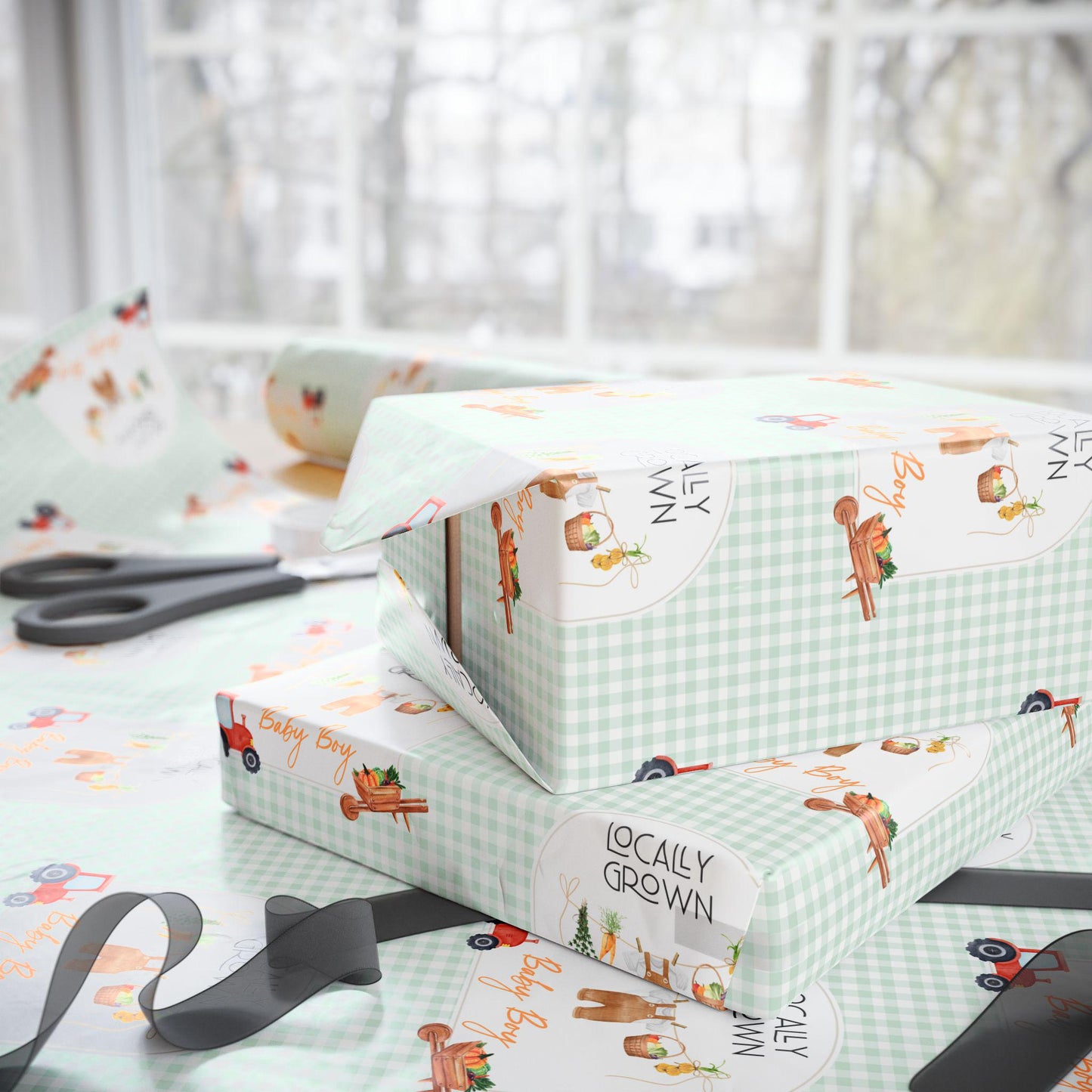 Custom Green Locally Grown Paper Farmer Market Baby Shower Gift Wrapping Tractor Baby Boy Gift Wrap Locally Grown Wrapping Paper Farmer - LAUMIANstudio