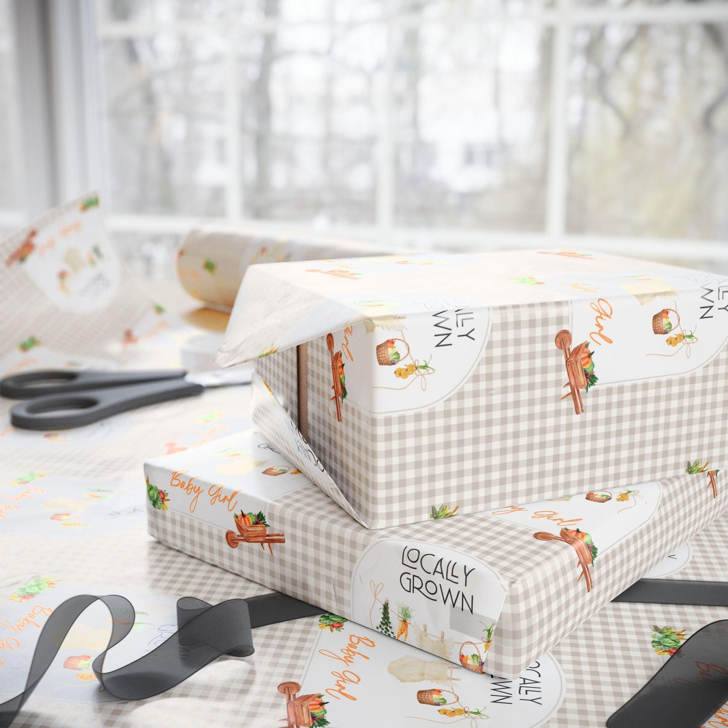 Baby Shower Wrapping Paper Locally Grown Shower Gift Wrap Beige Country Baby Shower Gift Custom Baby Shower Wrap Fruit and Vegetable Wrap - LAUMIANstudio