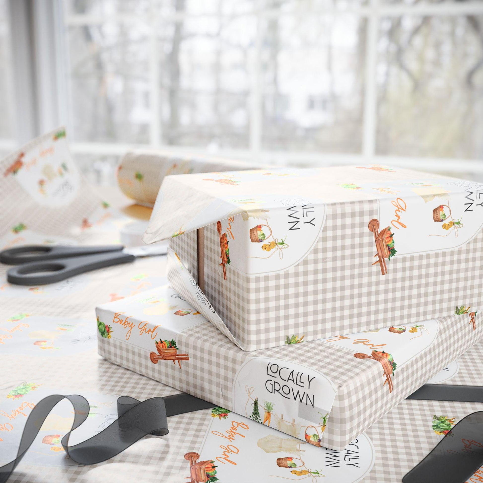 Baby Shower Wrapping Paper Locally Grown Shower Gift Wrap Beige Country Baby Shower Gift Custom Baby Shower Wrap Fruit and Vegetable Wrap - LAUMIANstudio