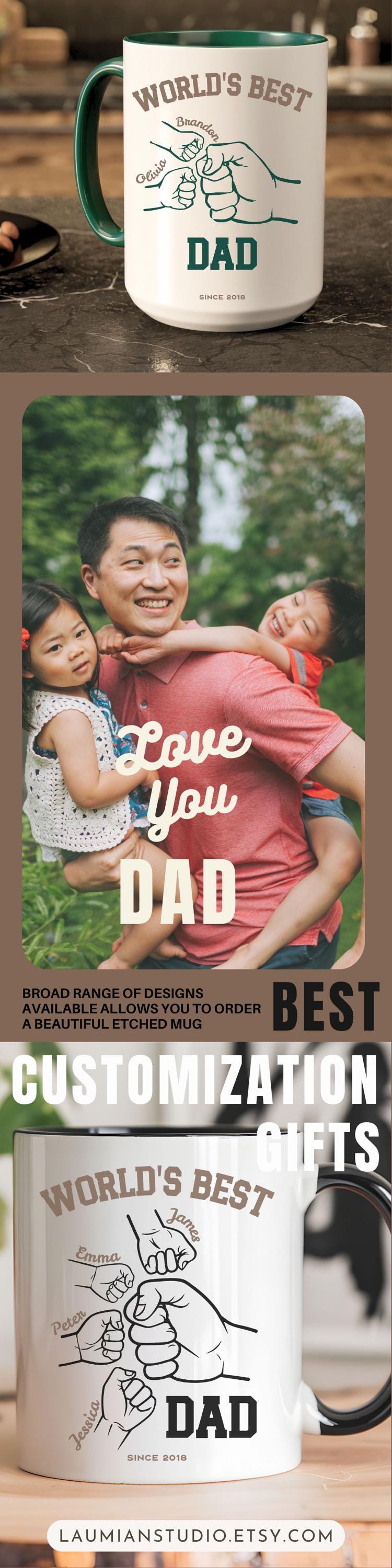 Custom Best Dad Mug Green Handle Fathers Day Cup Papa Kid Name Mug Dad Hand Kid Hand Coffee Mug Kid Name Birthday Gift Daddy Name Keepsake - LAUMIANstudio