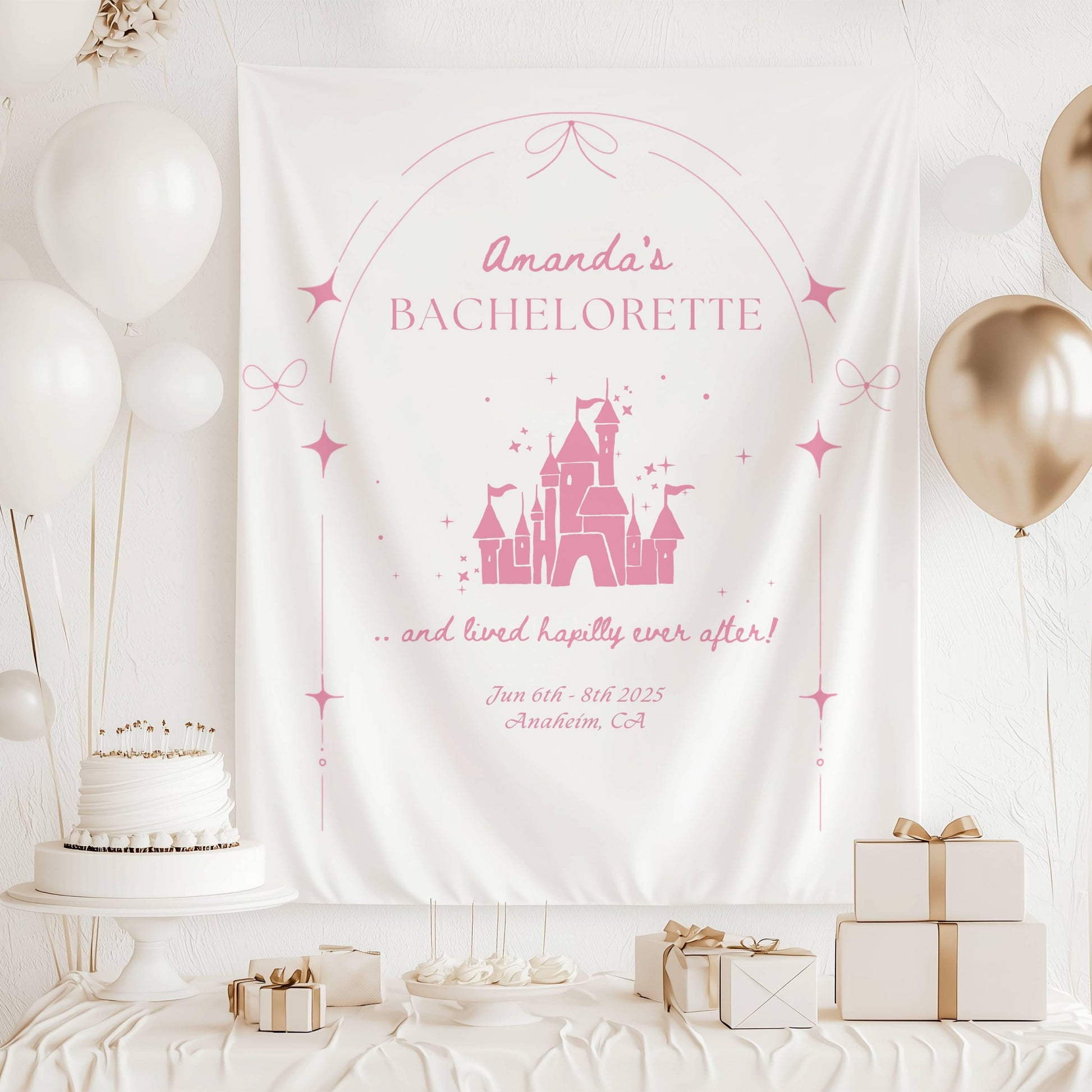 Happily Ever After Banner: Personalizable Castle Bachelorette Backdrop, Princess Bridal Shower Wall Tapestry - Yellow, Pink, Blue, Black - LAUMIANstudio