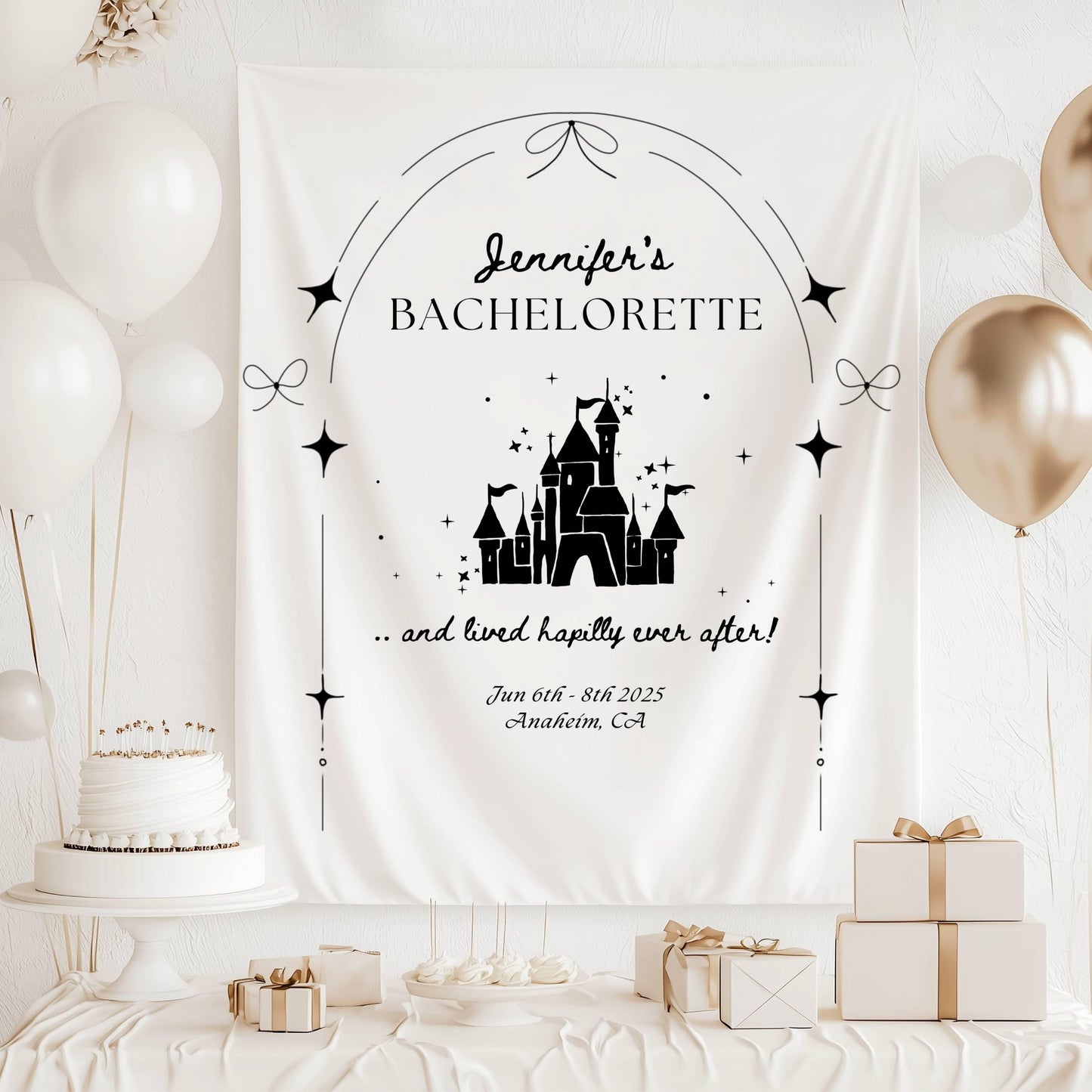 Happily Ever After Banner: Personalizable Castle Bachelorette Backdrop, Princess Bridal Shower Wall Tapestry - Yellow, Pink, Blue, Black - LAUMIANstudio