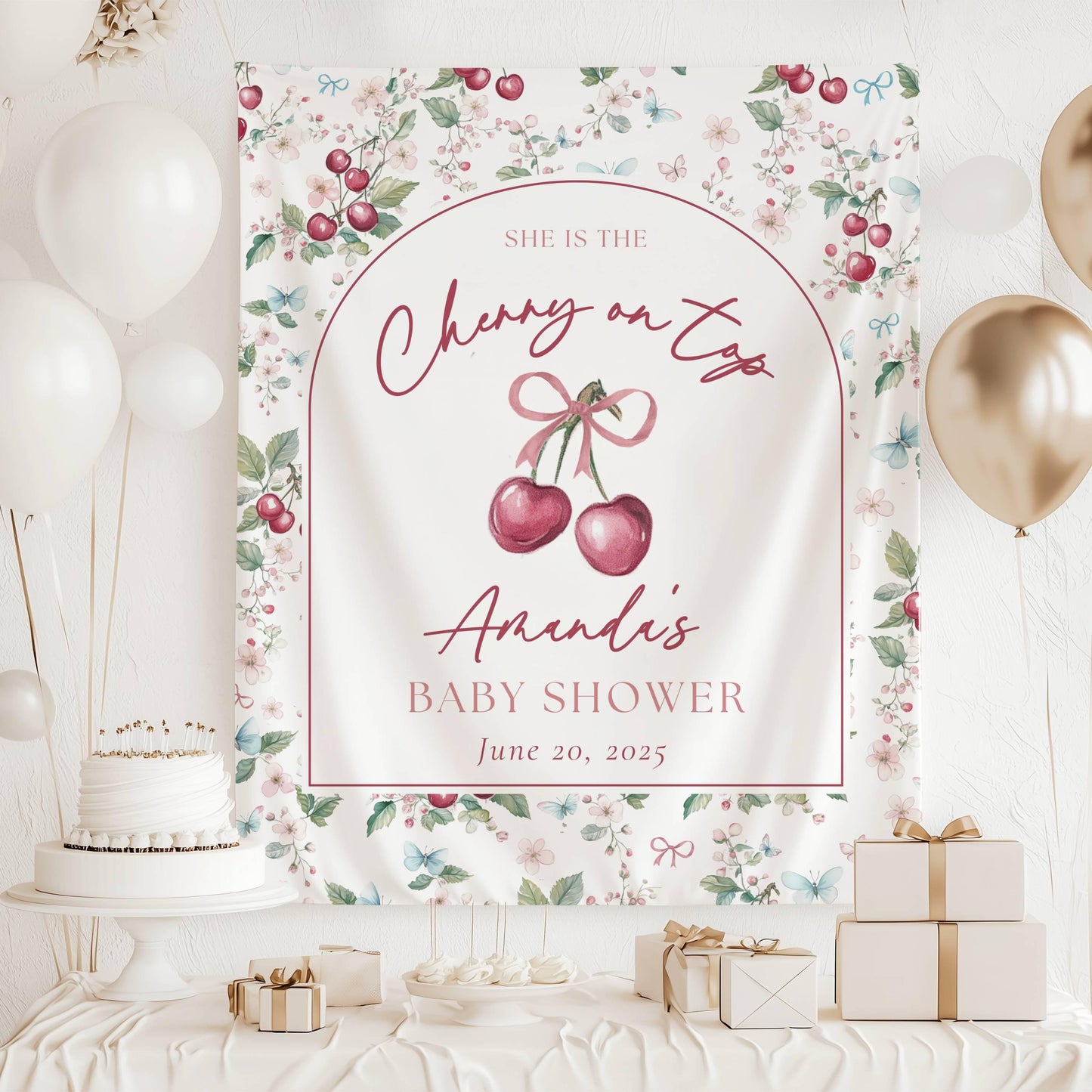 Custom Cherry On Top Baby Shower Decor Coquette Cherry Shower Backdrop Cherry Bow Welcome Sign Its a Girl Welcome Banner Cherry on Top Sign - LAUMIANstudio