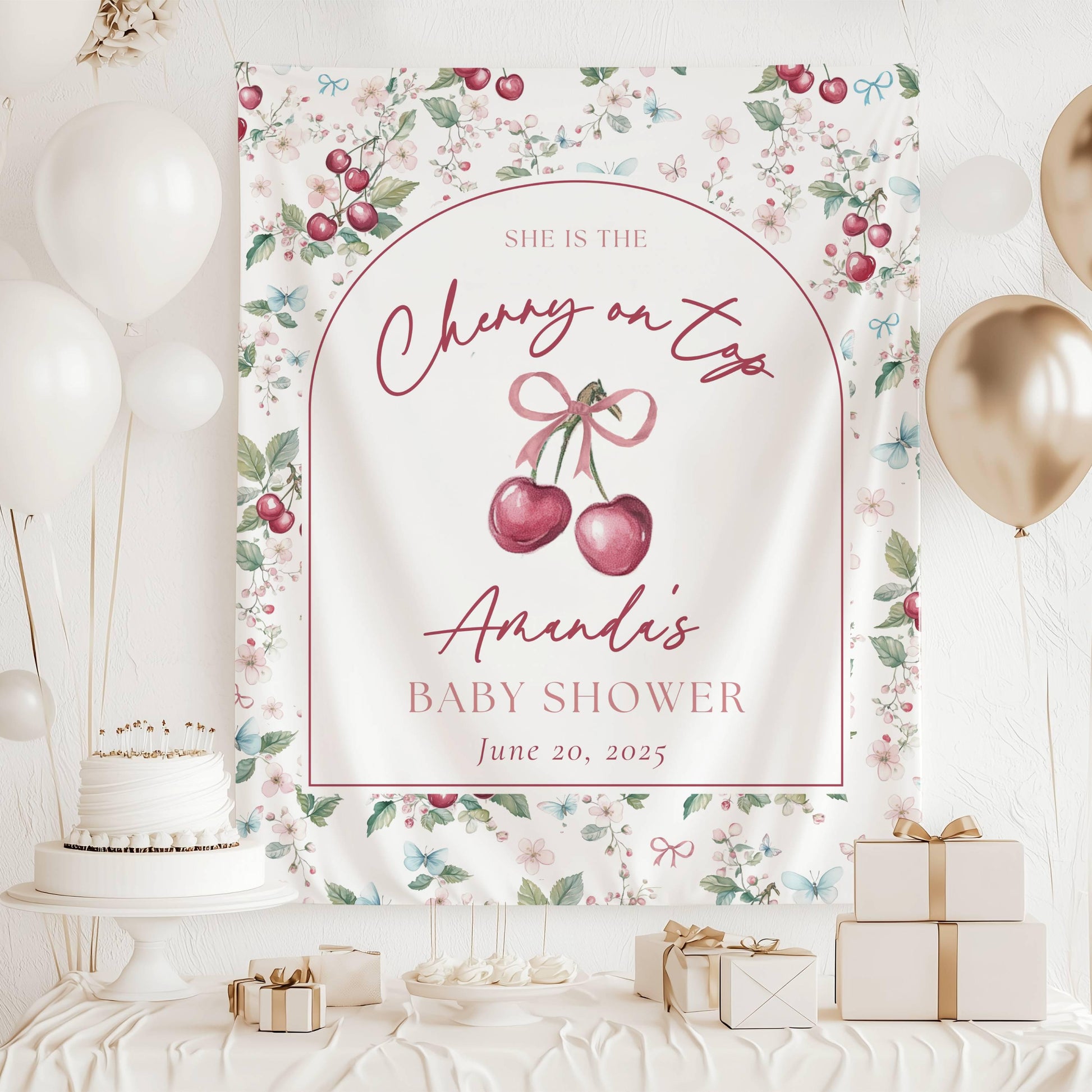 Custom Cherry On Top Baby Shower Decor Coquette Cherry Shower Backdrop Cherry Bow Welcome Sign Its a Girl Welcome Banner Cherry on Top Sign - LAUMIANstudio