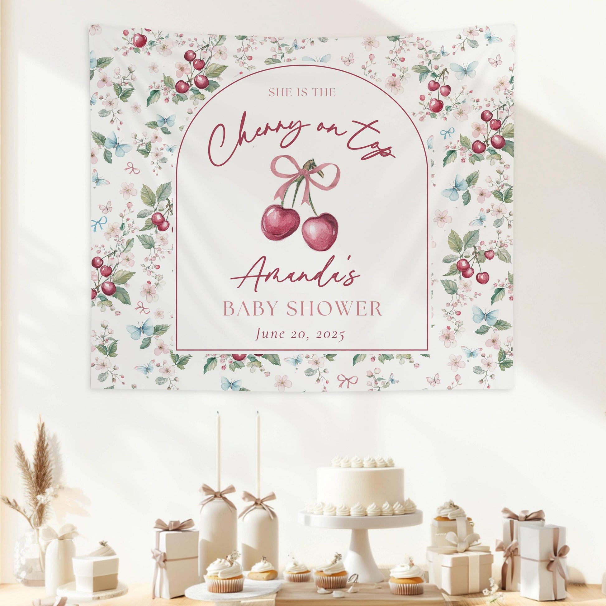 Custom Cherry On Top Baby Shower Decor Coquette Cherry Shower Backdrop Cherry Bow Welcome Sign Its a Girl Welcome Banner Cherry on Top Sign - LAUMIANstudio