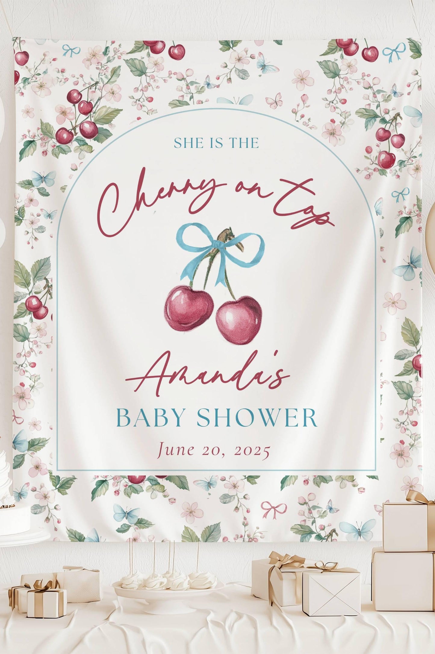 Custom Cherry On Top Baby Shower Decor Coquette Cherry Shower Backdrop Cherry Bow Welcome Sign Its a Girl Welcome Banner Cherry on Top Sign - LAUMIANstudio