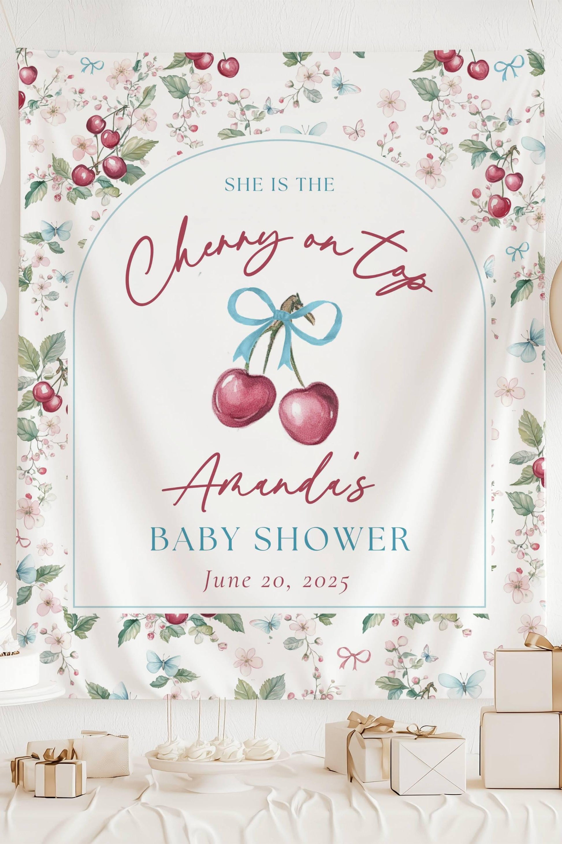 Custom Cherry On Top Baby Shower Decor Coquette Cherry Shower Backdrop Cherry Bow Welcome Sign Its a Girl Welcome Banner Cherry on Top Sign - LAUMIANstudio