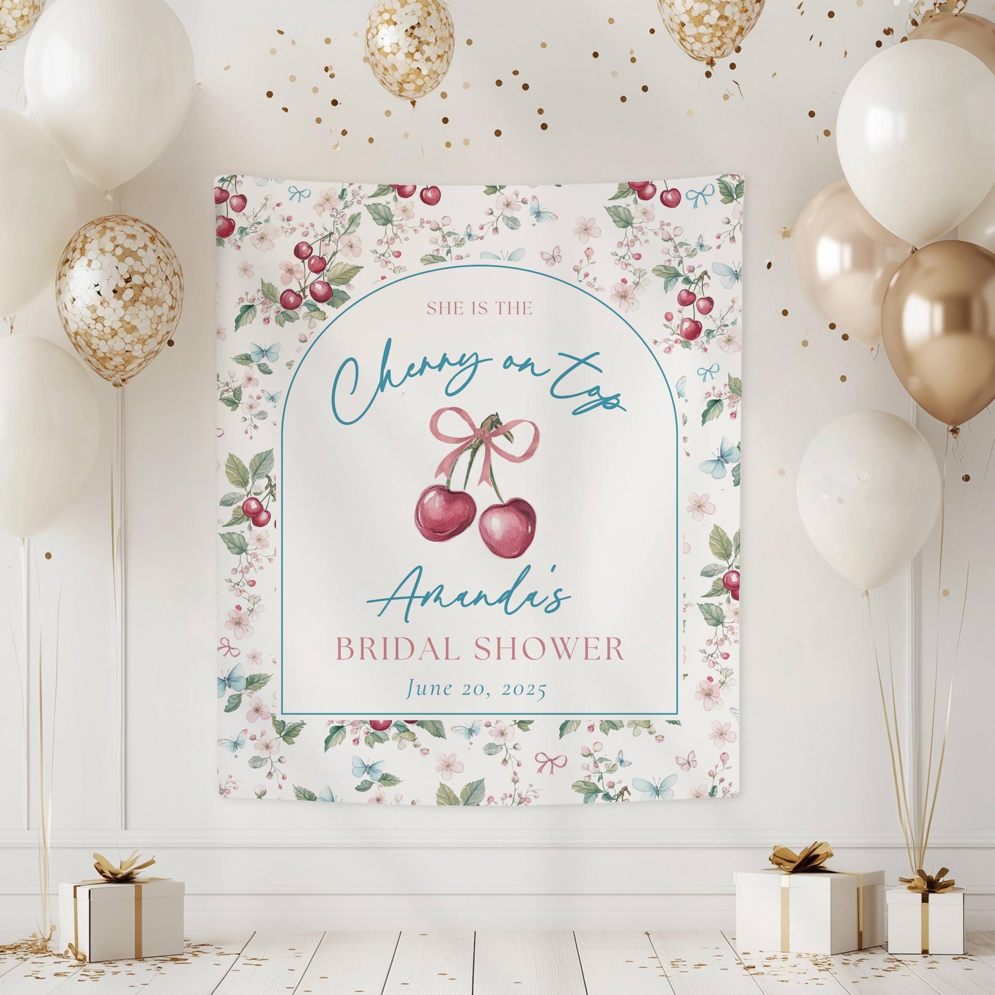Custom Cherry On Top Bridal Shower Sign Cherry On Top Bachelorette Backdrop Bow Coquette Bridal Shower Banner Summer Bach Party Decor Cherry - LAUMIANstudio