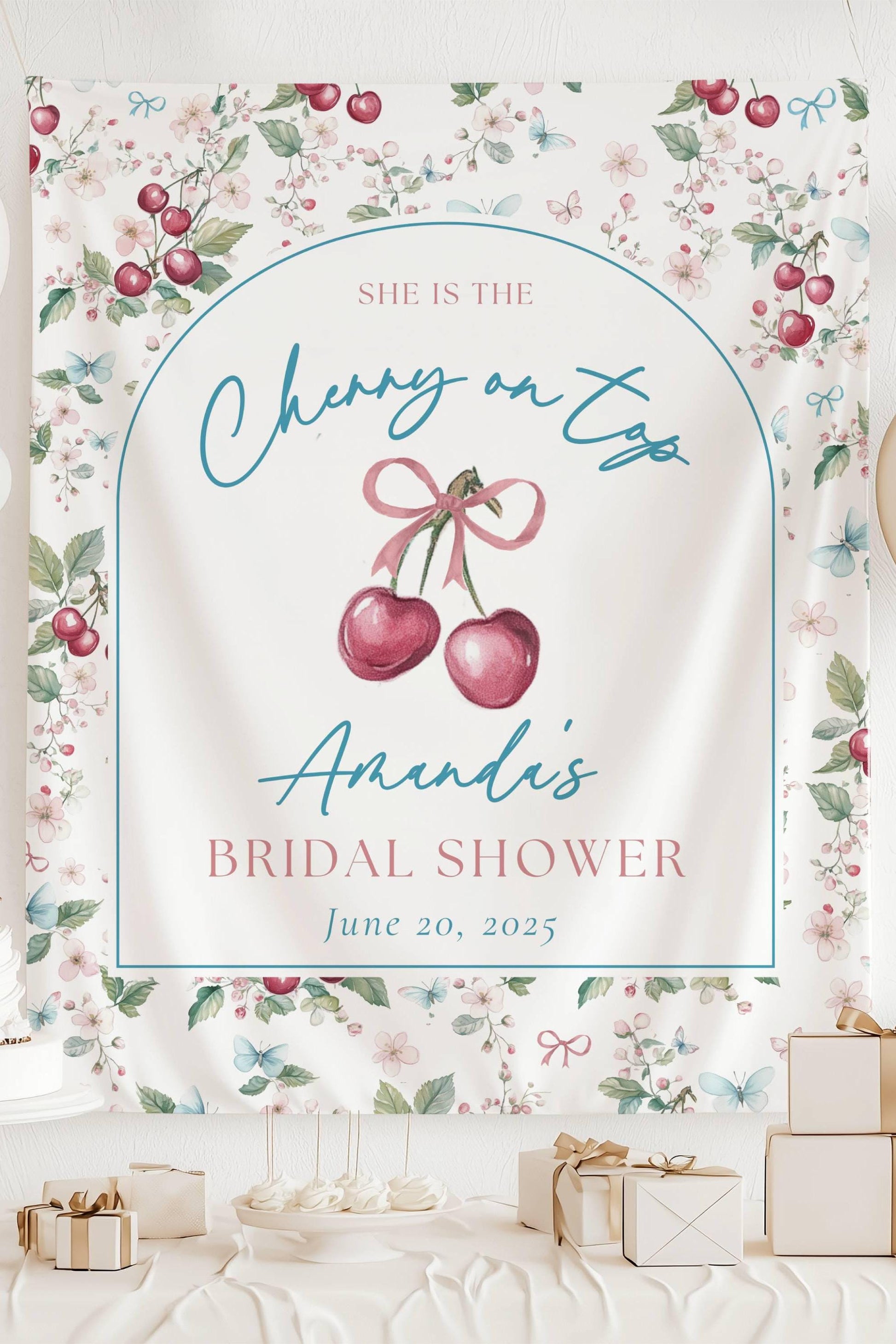 Custom Cherry On Top Bridal Shower Sign Cherry On Top Bachelorette Backdrop Bow Coquette Bridal Shower Banner Summer Bach Party Decor Cherry - LAUMIANstudio