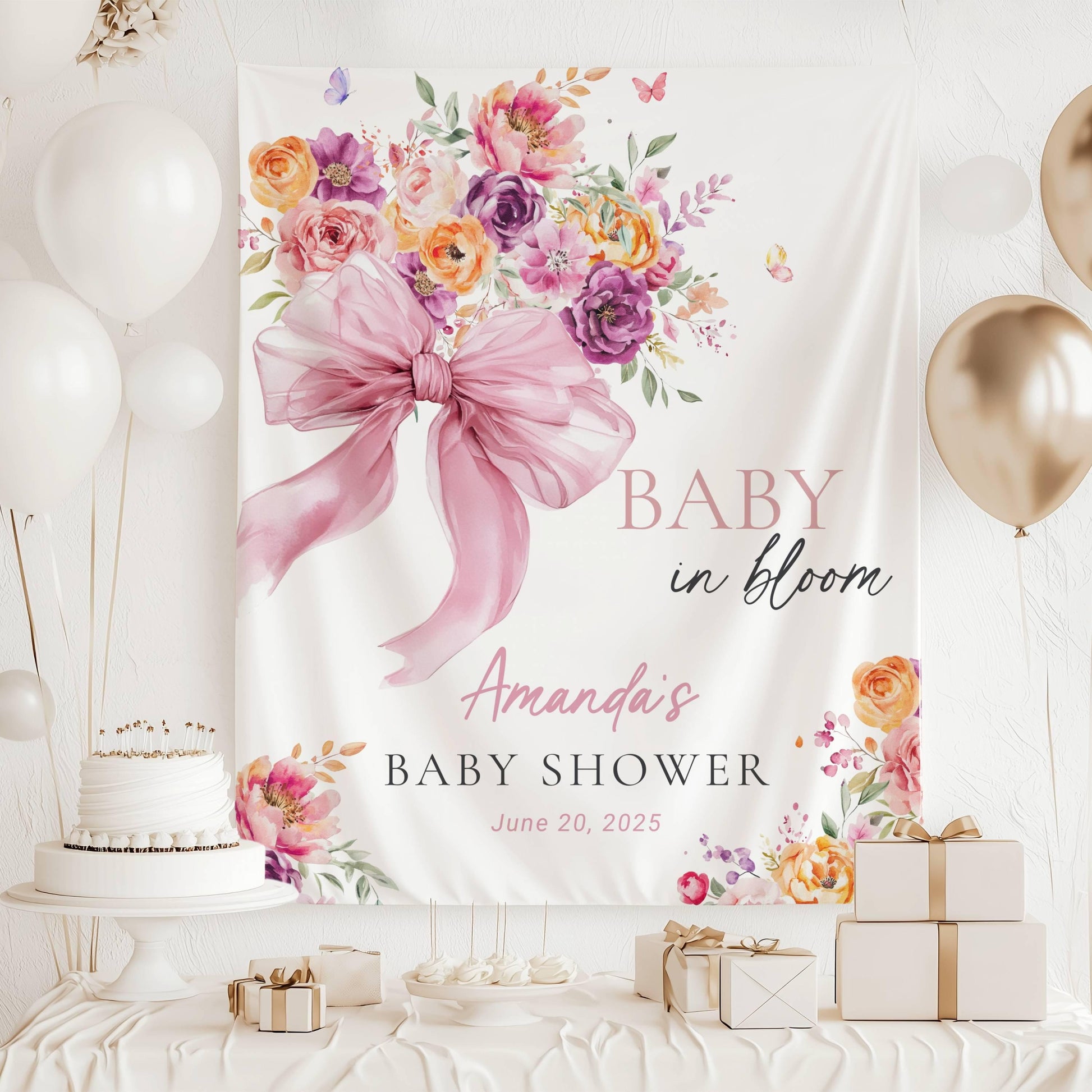 Baby in Bloom Baby Shower Decoration Custom Baby in Bloom Backdrop Pink Bow Photo Backdrop Spring Garden Shower Banner Floral Shower Sign - LAUMIANstudio