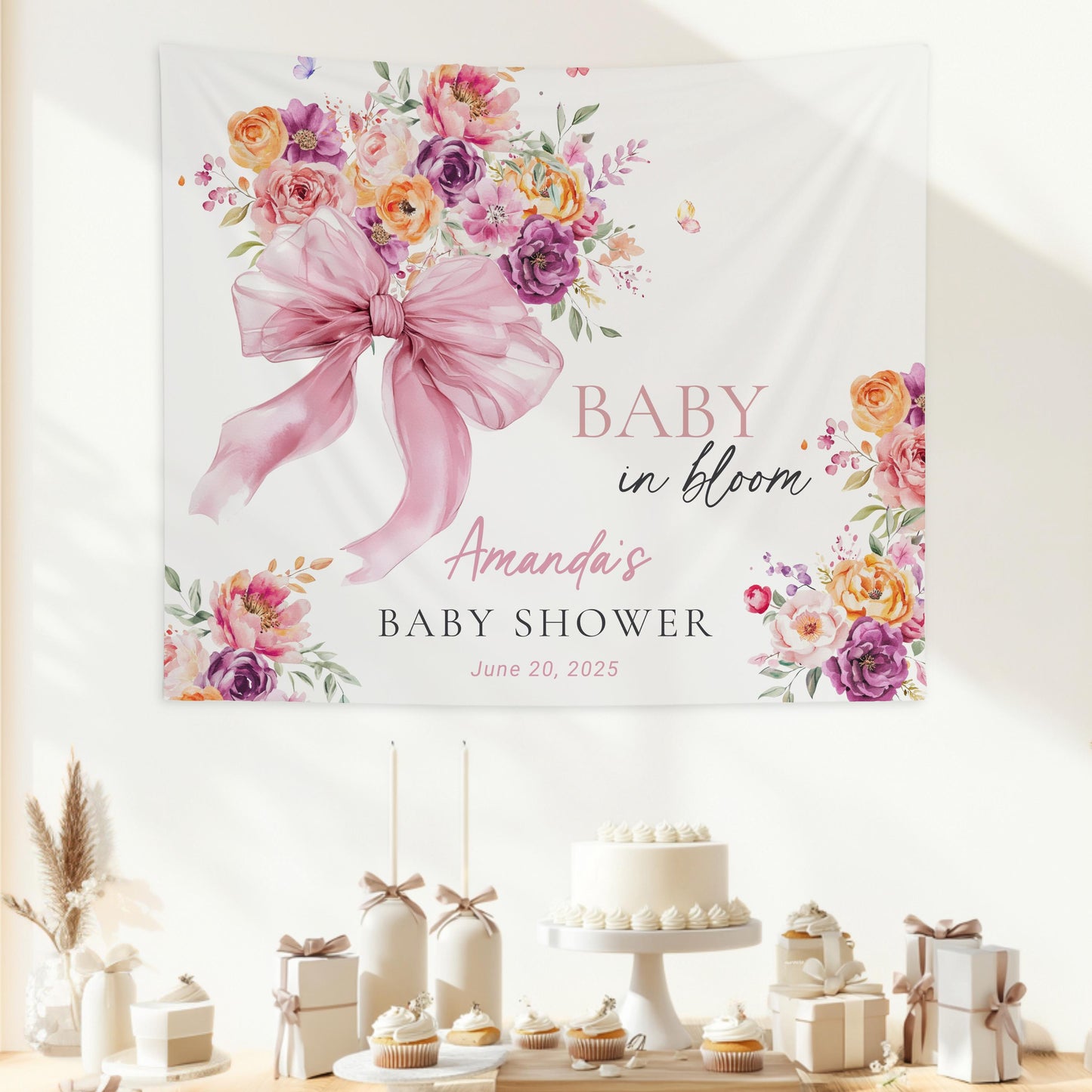 Baby in Bloom Baby Shower Decoration Custom Baby in Bloom Backdrop Pink Bow Photo Backdrop Spring Garden Shower Banner Floral Shower Sign - LAUMIANstudio