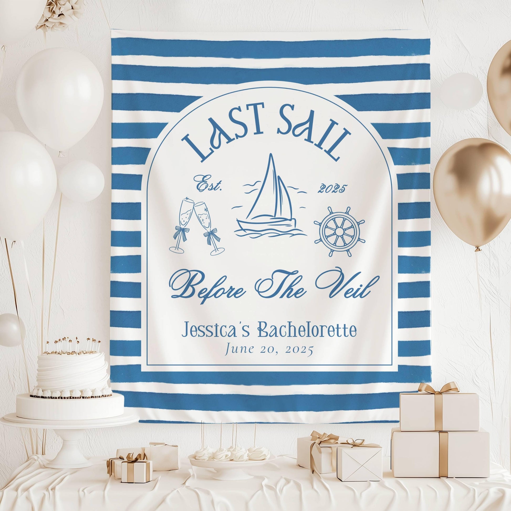Last Sail Before the Veil Bachelorette Banner Custom Blue Last Sail Bachelorette Party Backdrop Last Sail Bridal Shower Decor Beach Shower - LAUMIANstudio